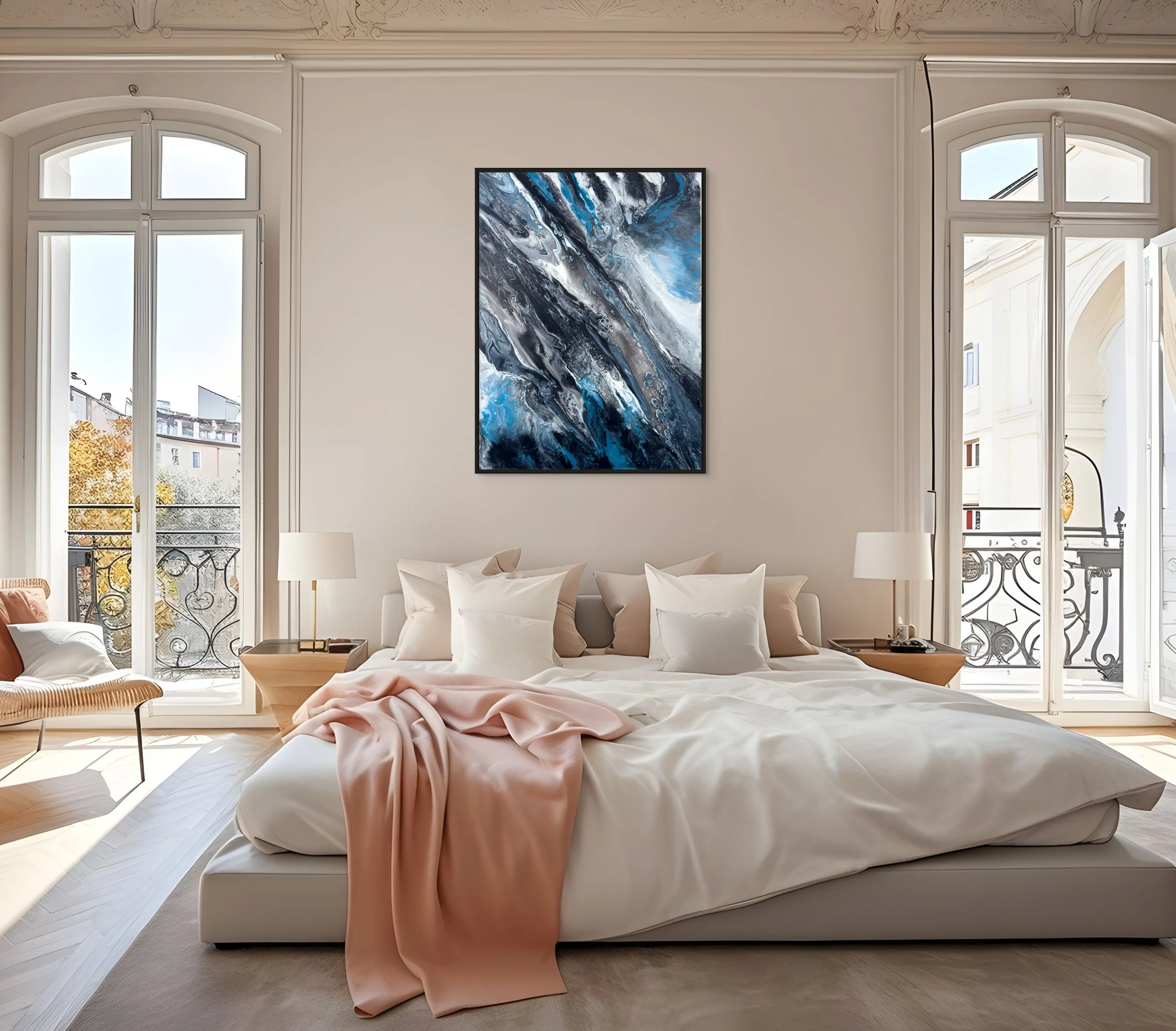 Large blue and black abstract acrylic painting hanging above a bed in a modern bedroom, featuring dramatic wave-like movement and layered contemporary wall art textures.