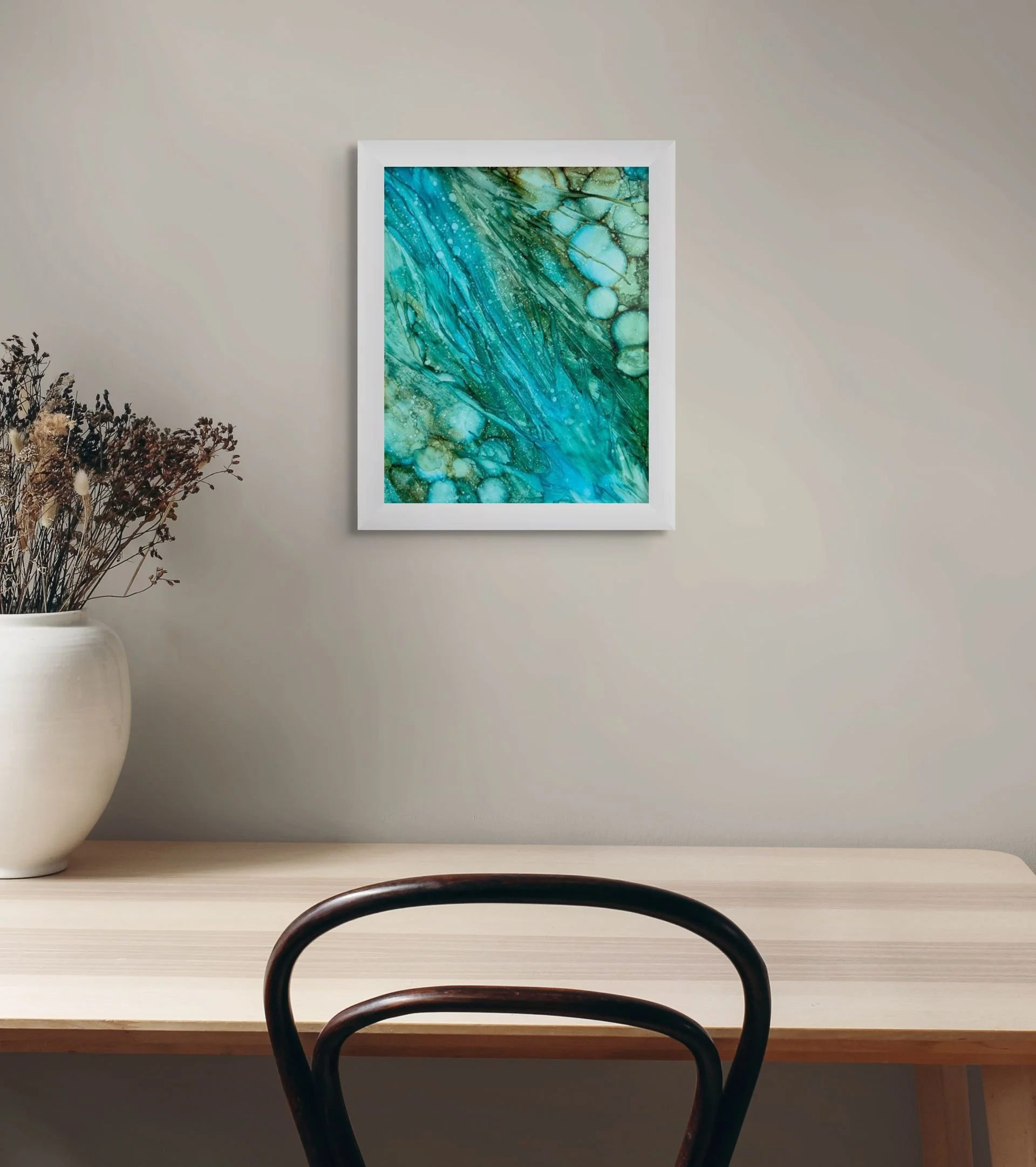 Stream of Life coastal abstract alcohol ink print in white frame modern beach house wall decor by Nadeane Friend