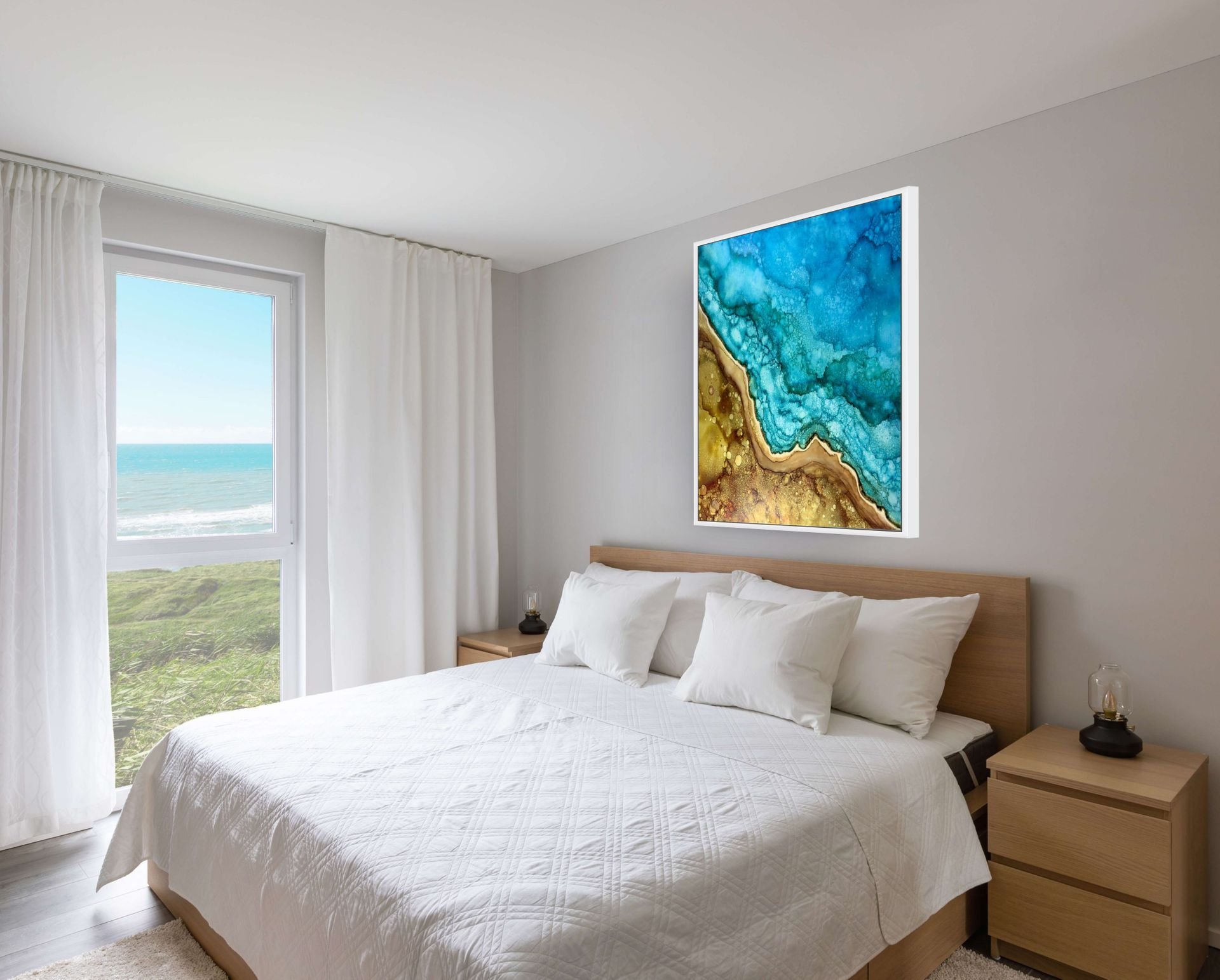 Salty Dream large original coastal abstract painting displayed above sofa in modern living room