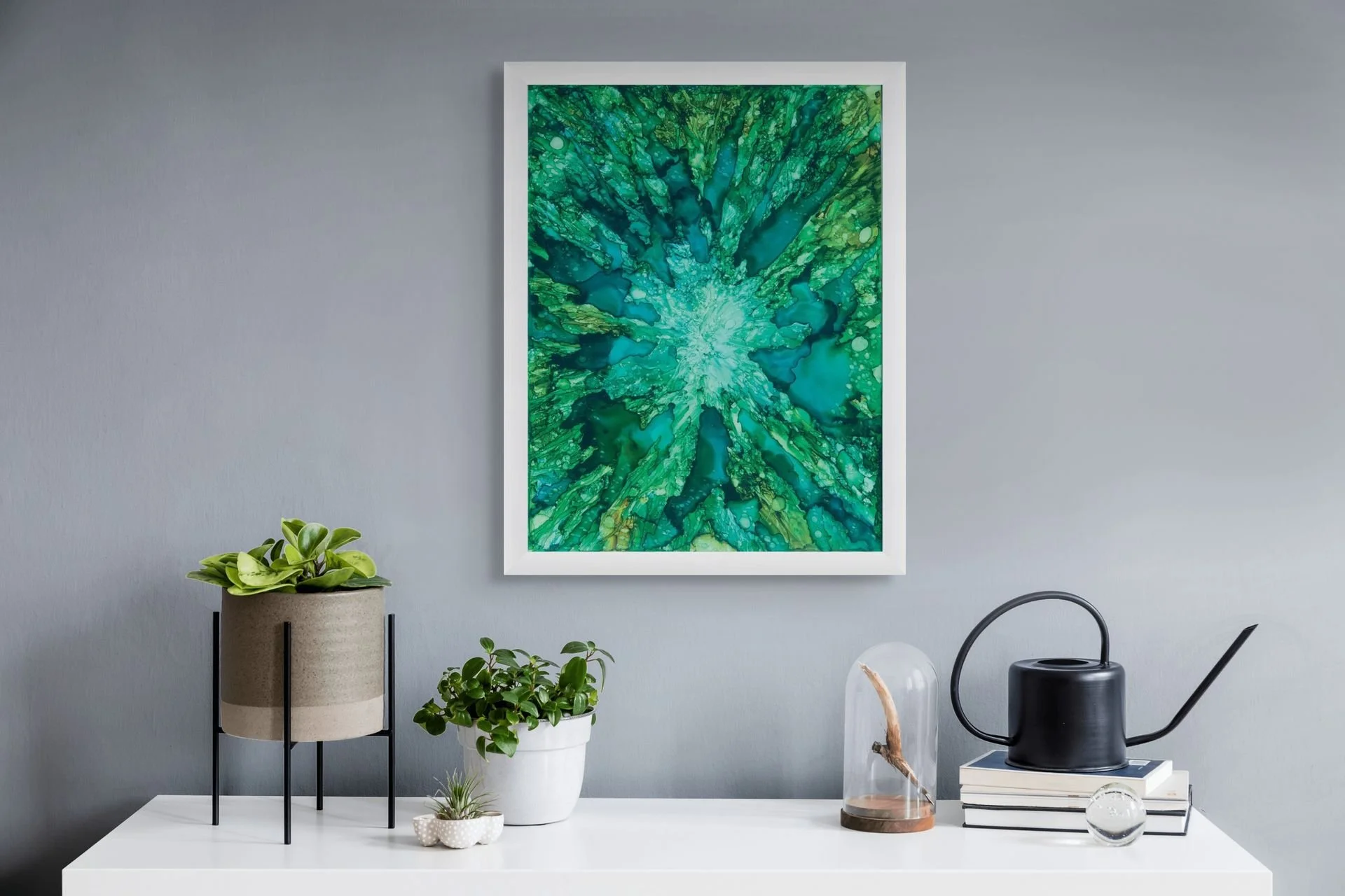 Green coastal abstract wall art with flowing turquoise textures displayed in a modern home interior with ocean-inspired decor.
