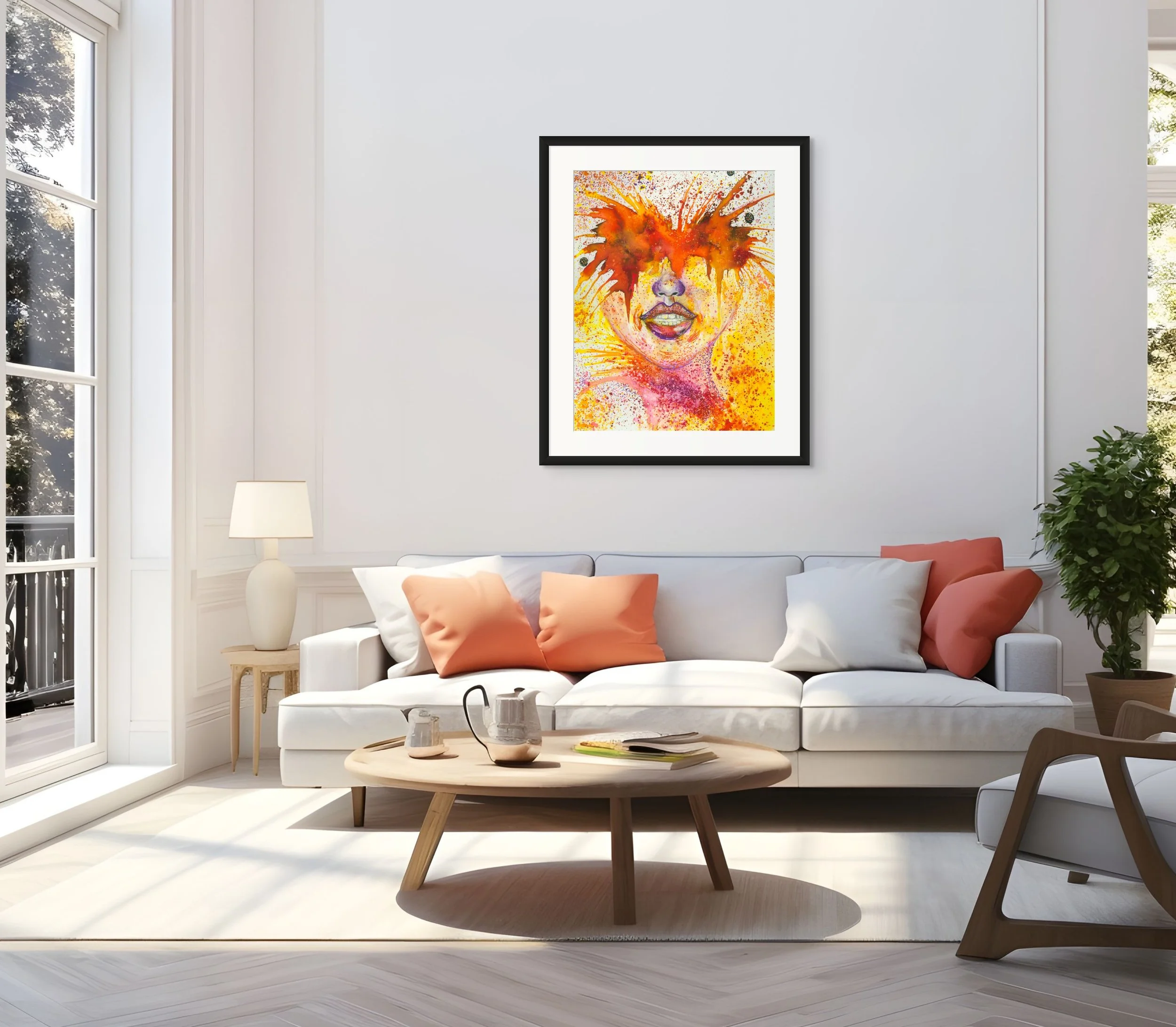 Vibrant orange woman portrait wall art displayed in a modern living room with expressive abstract textures and bold contemporary decor.