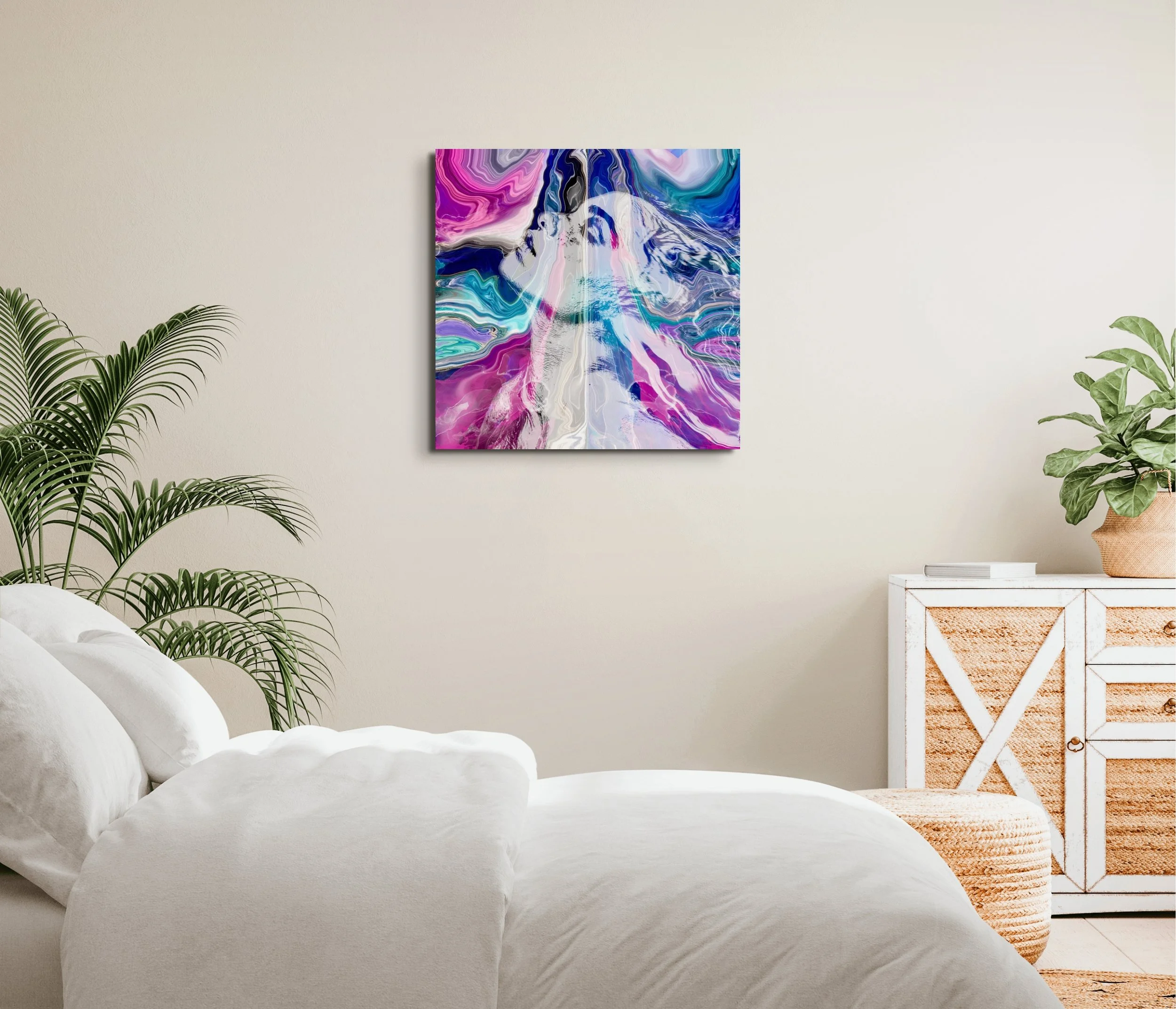 Pink, purple, and blue celestial abstract wall art hanging above a bed in a contemporary bedroom with vibrant spiritual home decor styling.