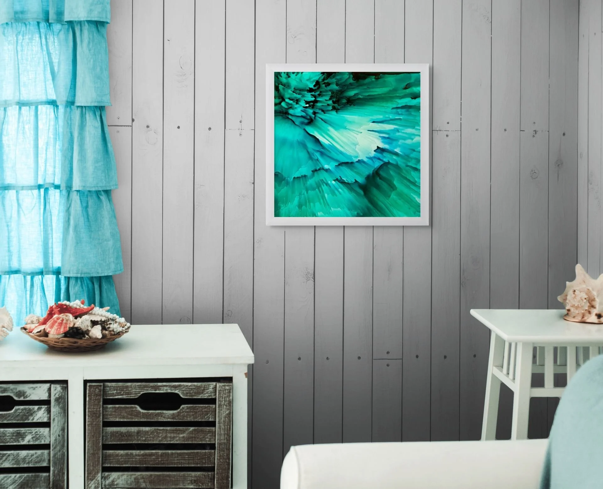 Vibrant teal abstract wall art with flowing turquoise textures displayed in a coastal contemporary interior space.