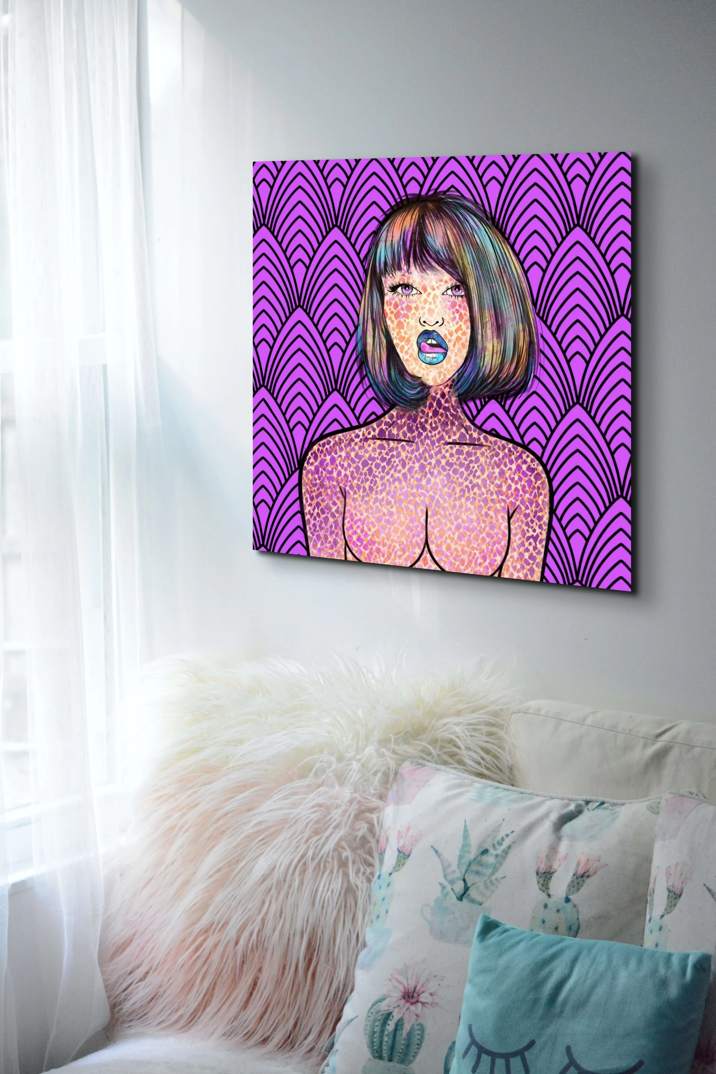 Vibrant purple feminine portrait wall art hanging above a bed in a colorful bedroom with bold pop art styling and abstract textures.