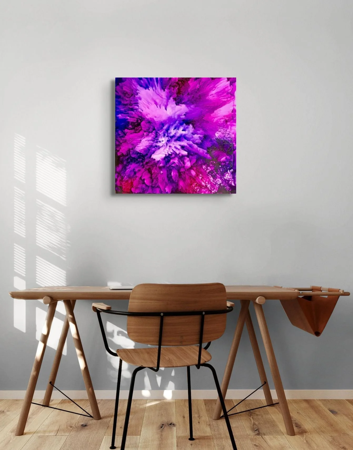 Vibrant purple abstract wall art with bold magenta textures displayed in a modern contemporary interior space.
