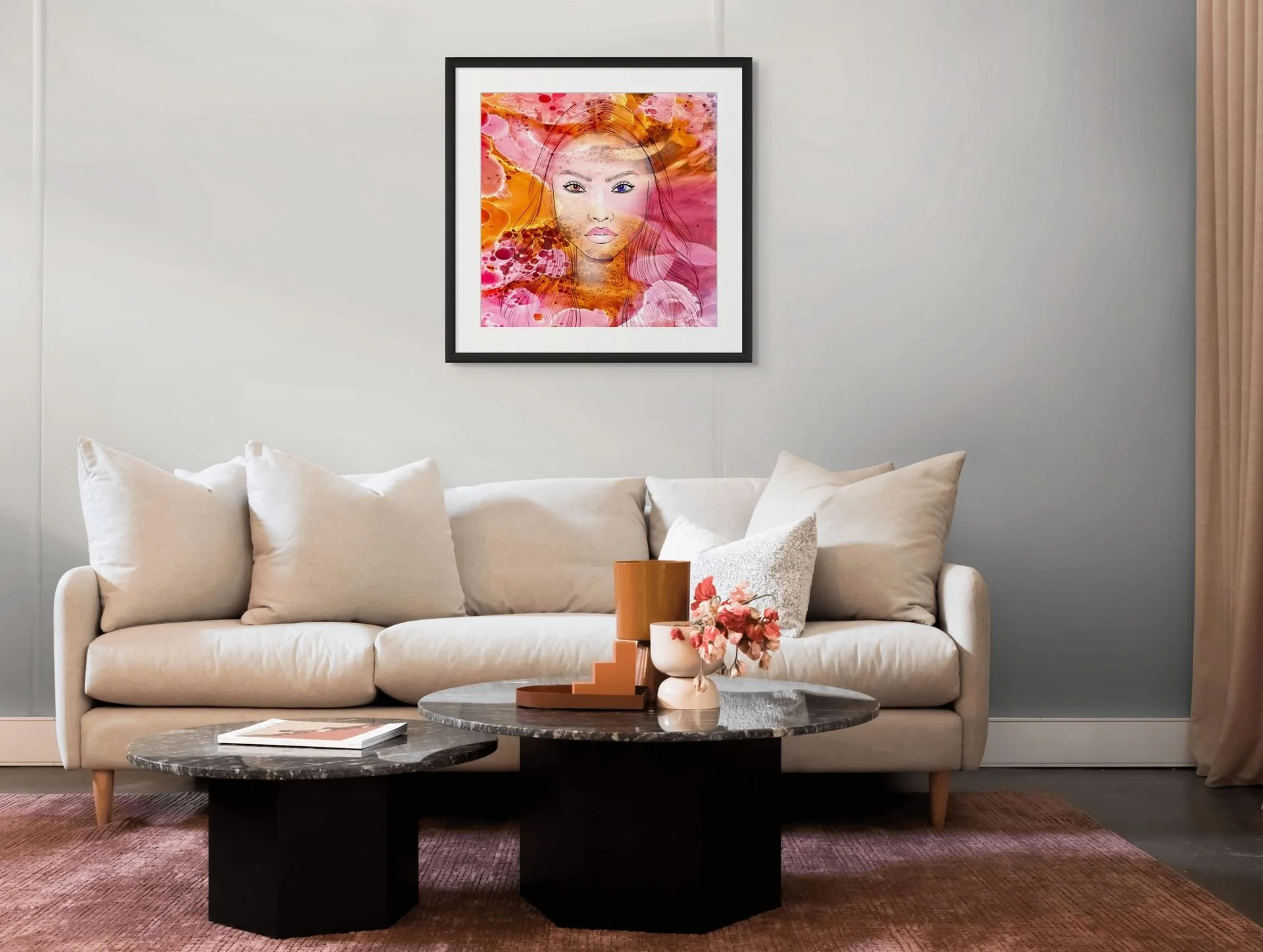 Orange and pink woman portrait wall art with glowing abstract textures and feminine contemporary movement for modern bedroom decor.