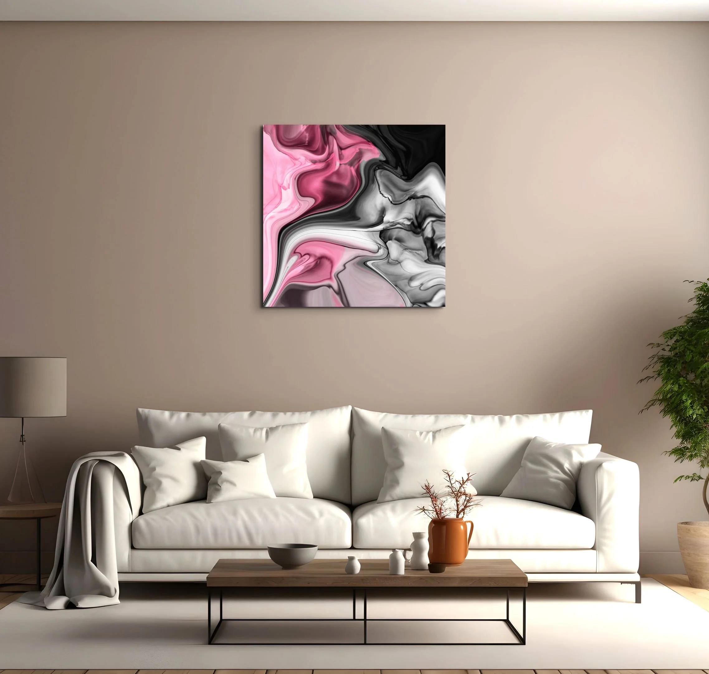 Pink, black, and white abstract wall art displayed in a modern living room with soft blush tones and contemporary decor styling.
