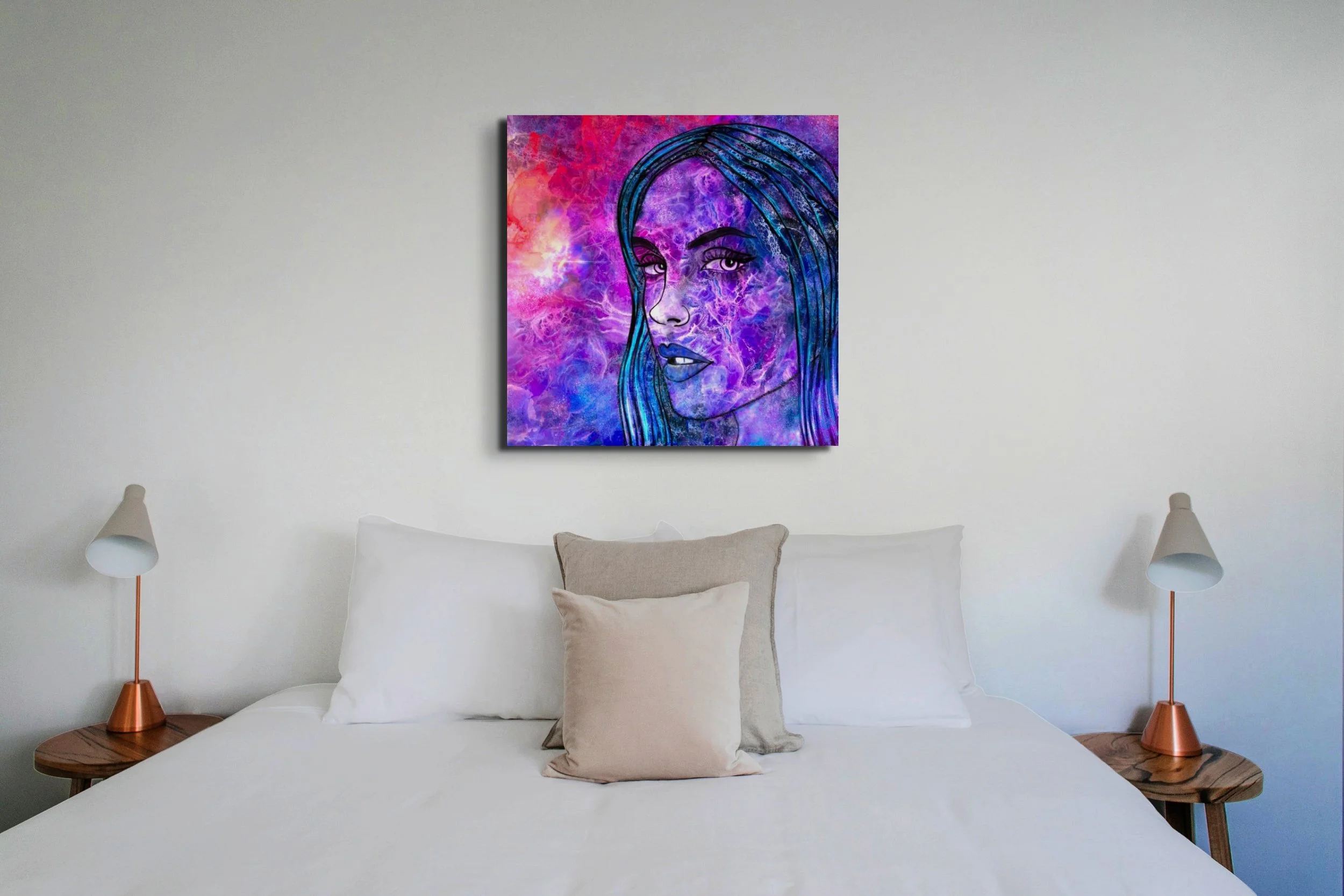 Colorful cosmic woman wall art with pink and purple abstract textures displayed in a vibrant contemporary home interior.