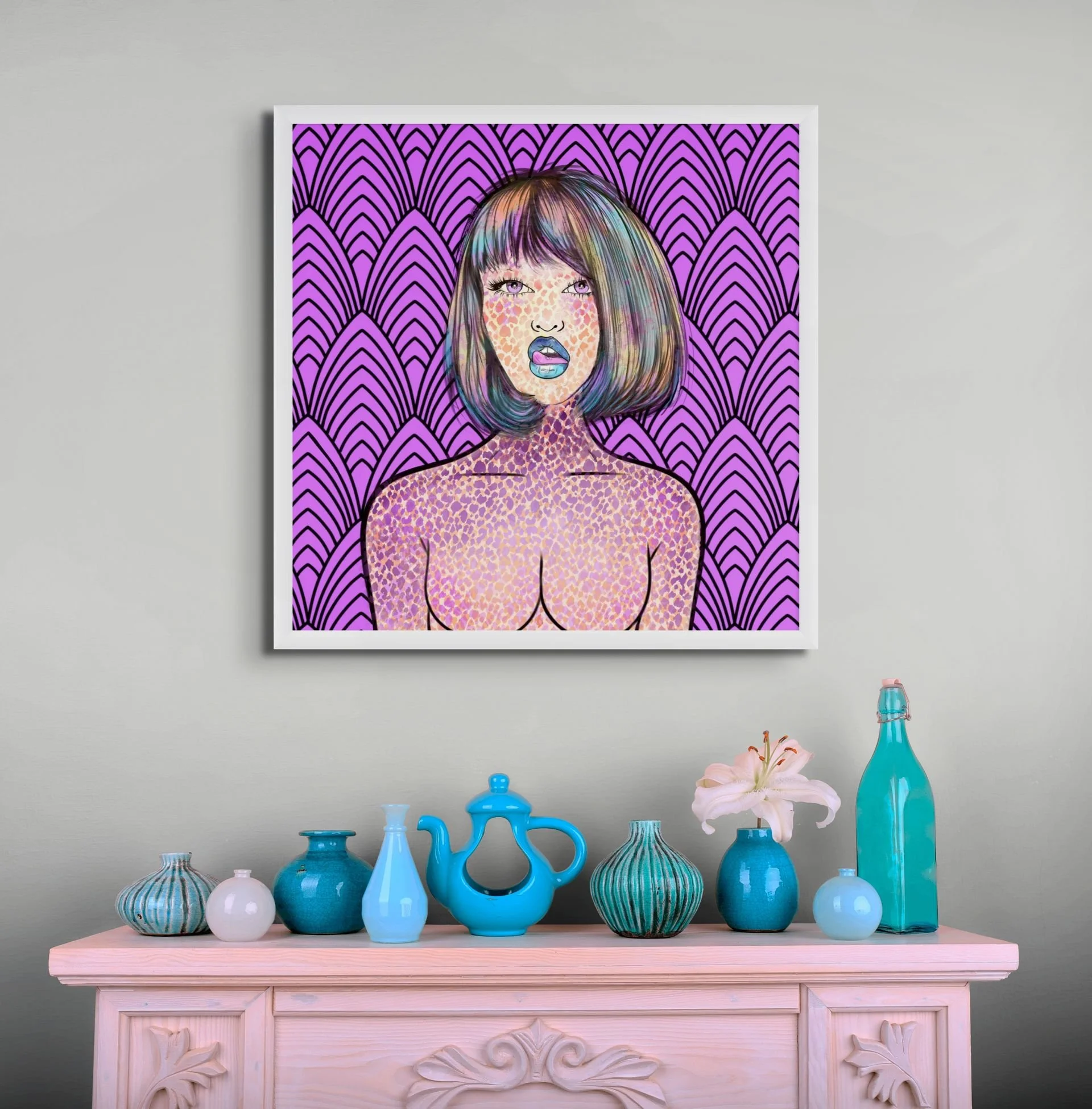 Bold purple pop art woman wall art with expressive feminine energy displayed in a modern contemporary home interior.