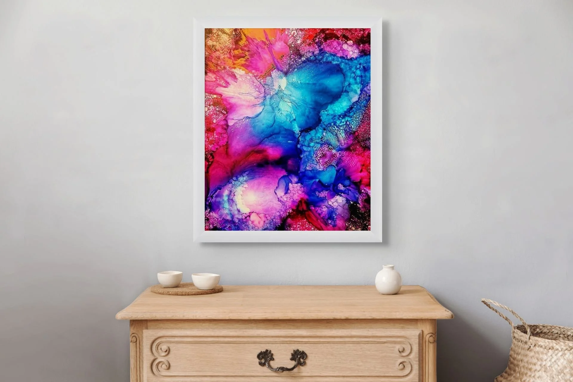 Vibrant pink, blue, and purple abstract wall art with flowing textures and cosmic movement, modern colorful fine art print for living room or bedroom decor.