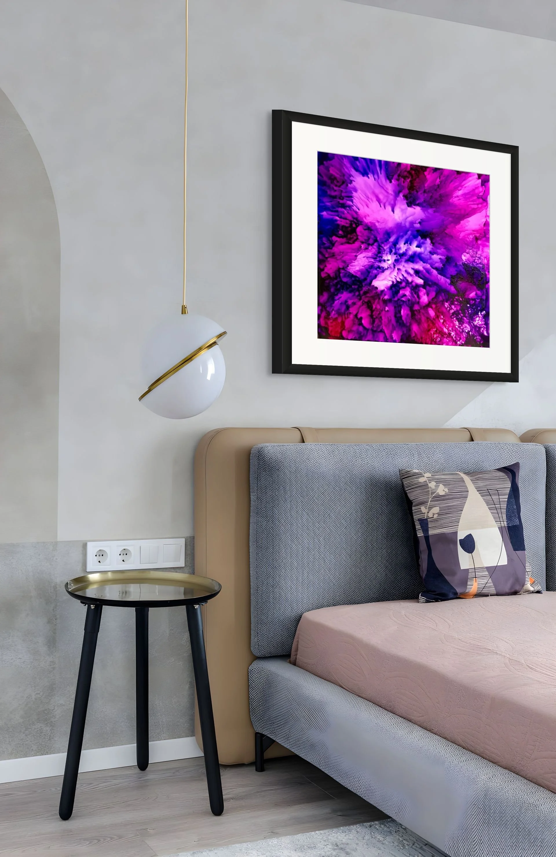Purple abstract wall art displayed in bedroom with vibrant magenta textures and bold contemporary decor styling.