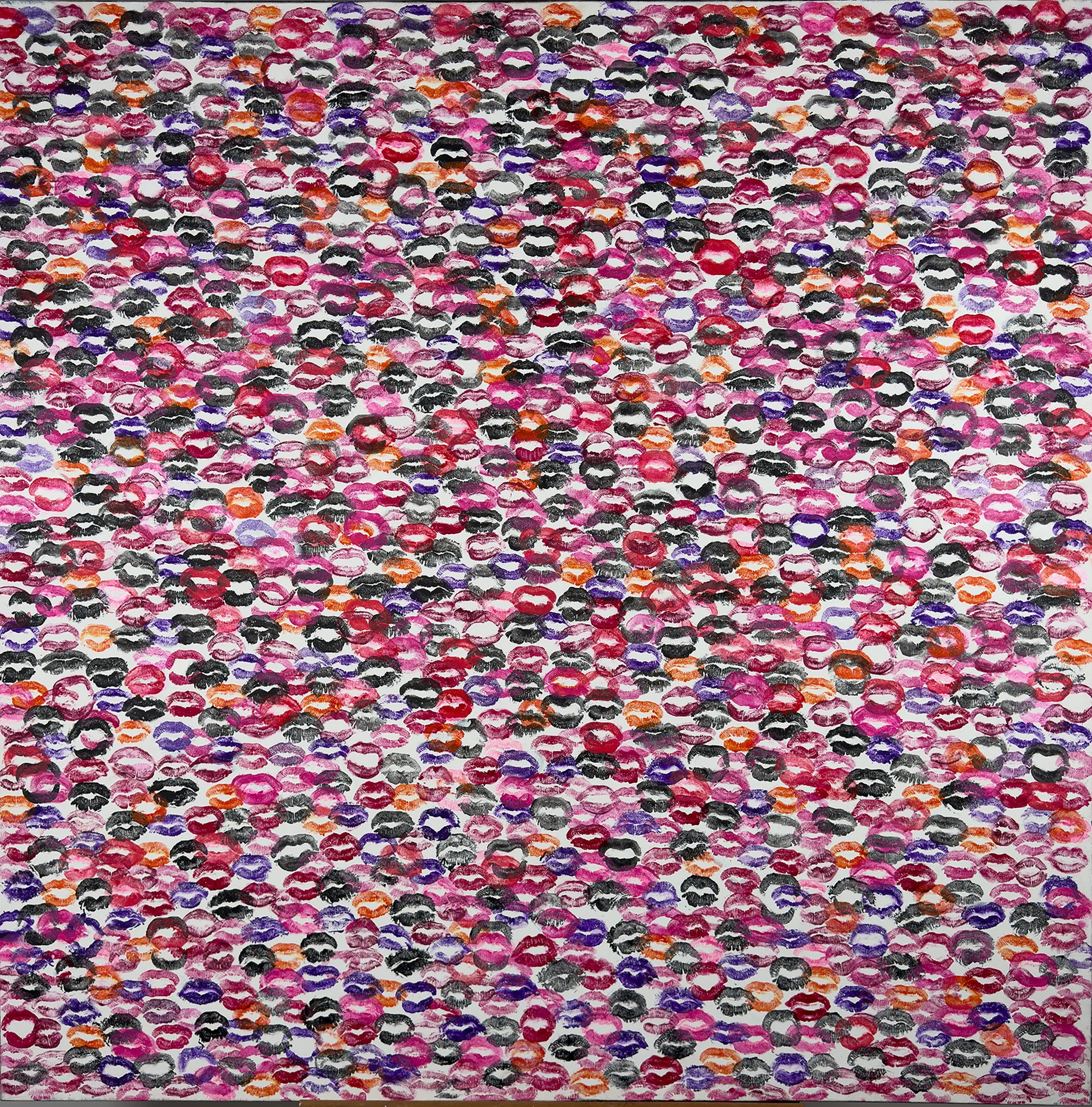 From My Lips to Yours original 48x48 acrylic lip print painting by Nadeane Friend in pink red purple orange and black