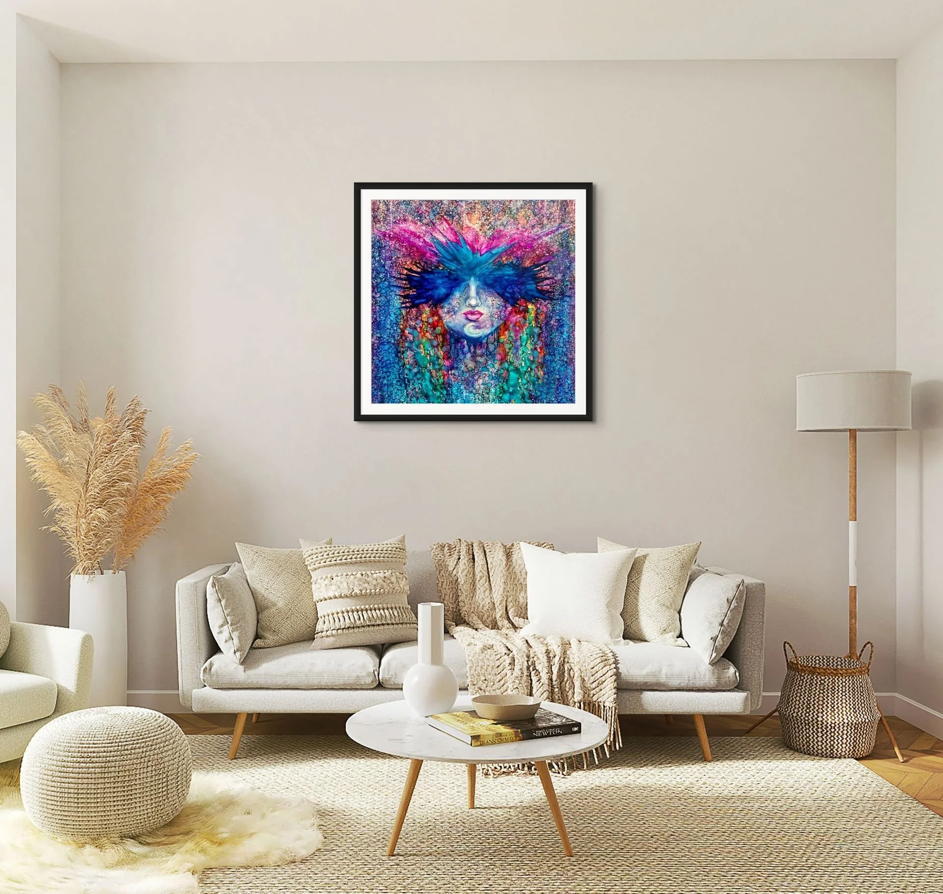 Nueva York Origin colorful abstract portrait in black frame above sofa in modern living room
