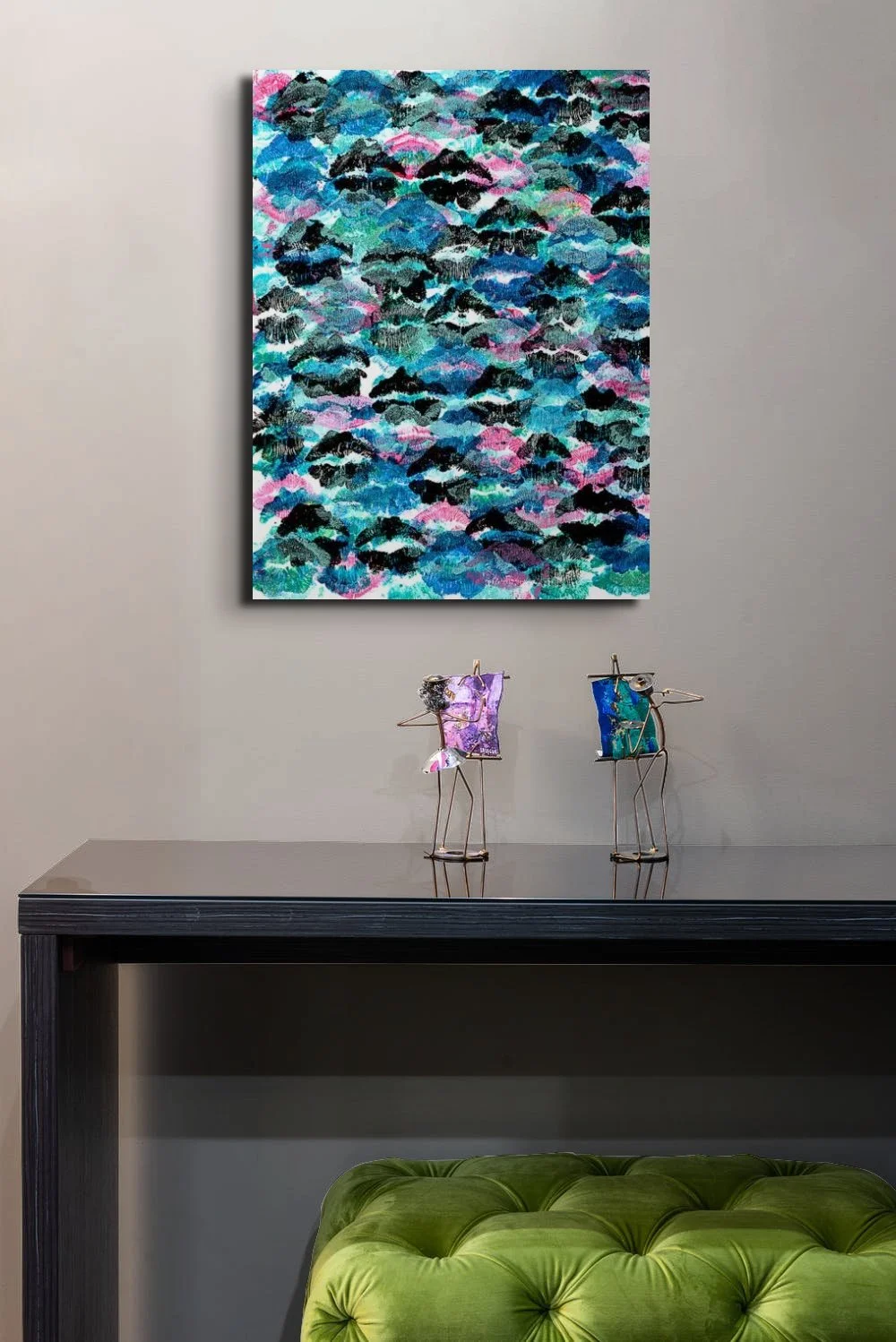 Contemporary abstract lips wall art with blue and pink textures displayed in a colorful modern interior space.
