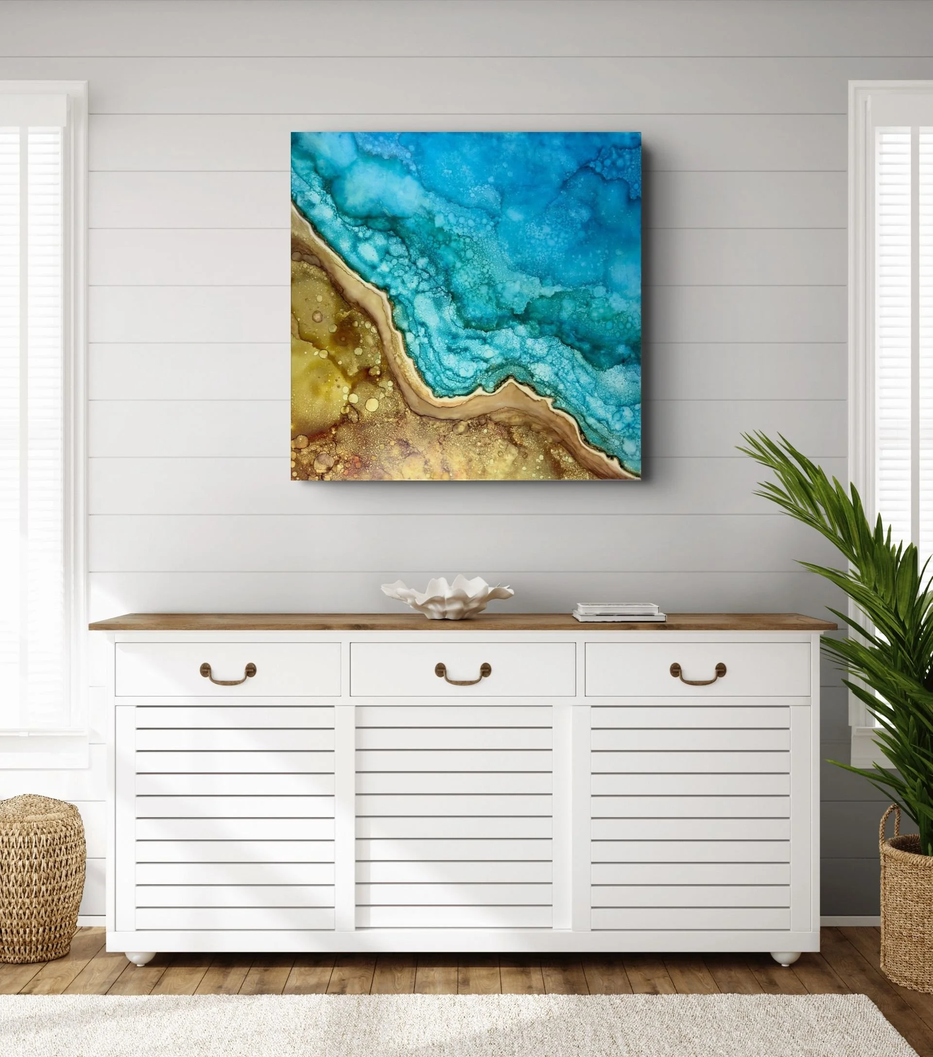 Salty Dream large original coastal abstract canvas displayed in a modern home interior
