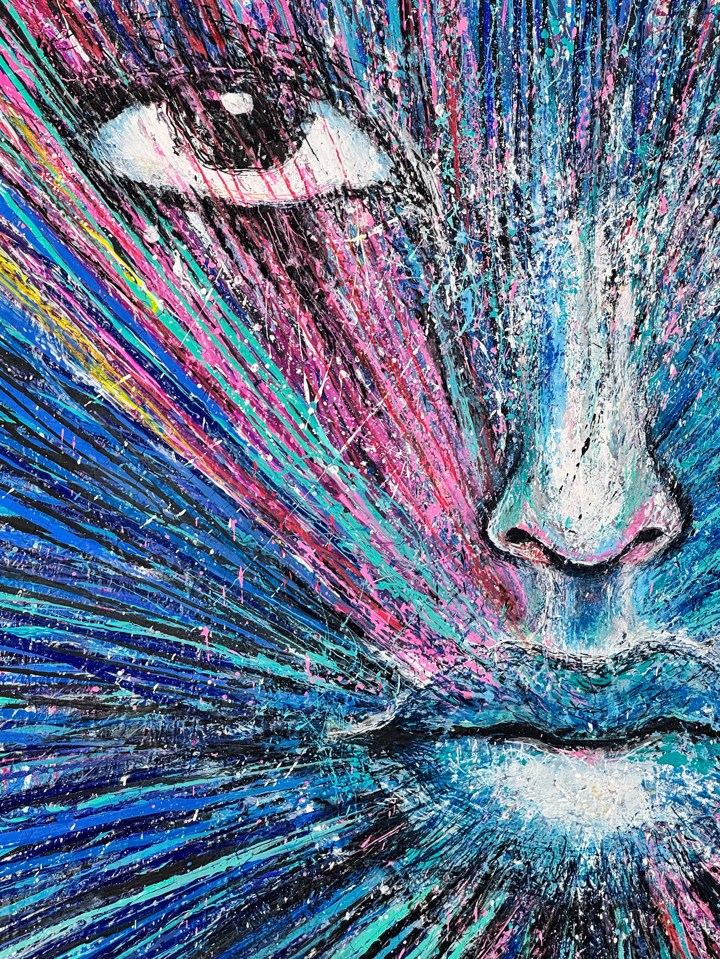 Bleeding Color original 48x60 acrylic abstract portrait painting by Nadeane Friend, woman's face radiating bold lines in electric blue teal magenta and pink