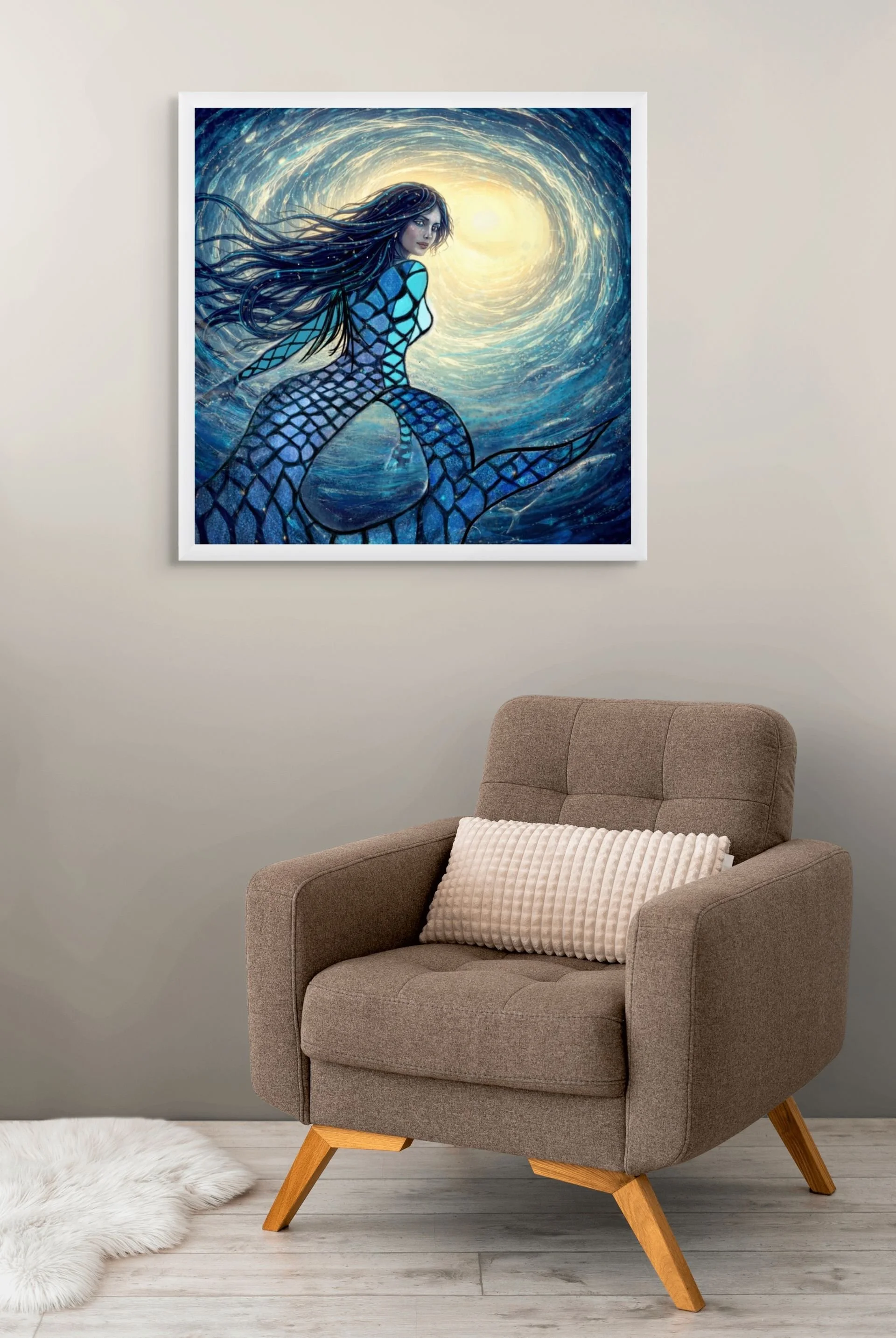 Mermaid coastal wall art with glowing blue and gold ocean textures displayed in a modern beach-inspired interior space.