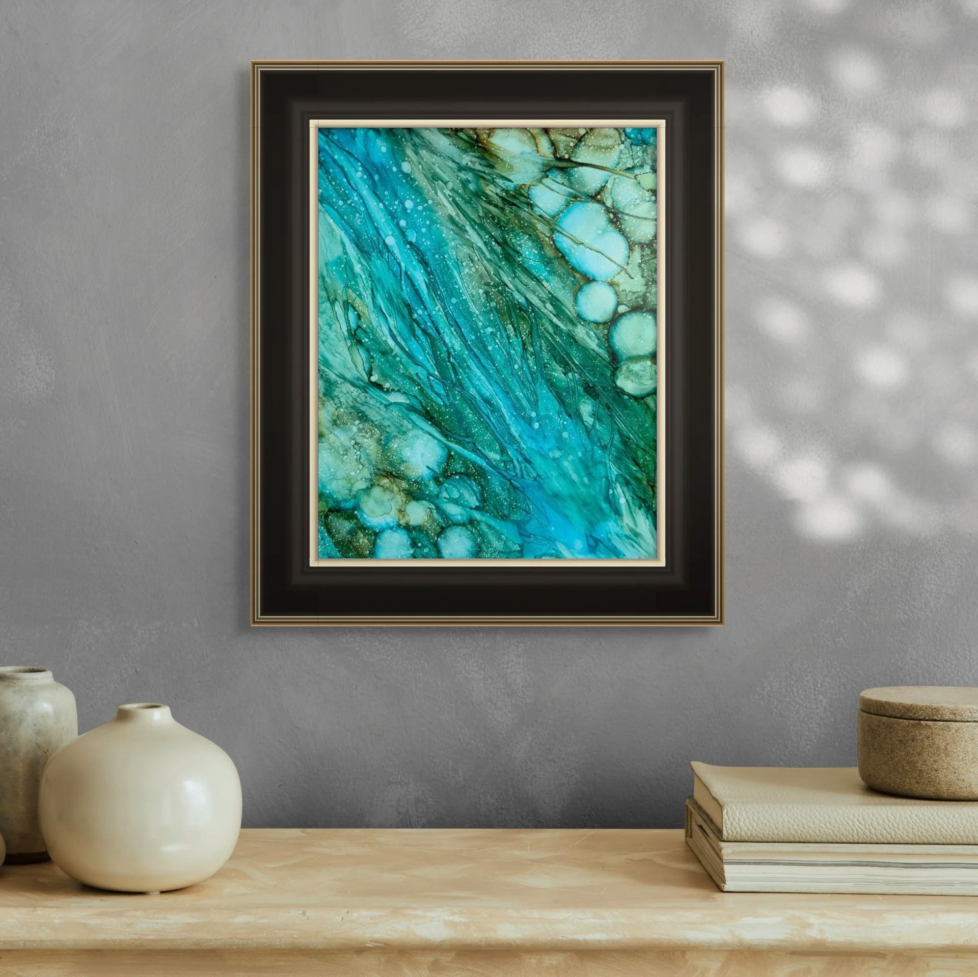 Stream of Life 11 x 14 coastal abstract alcohol ink art print in black frame ocean inspired wall art by Nadeane Friend