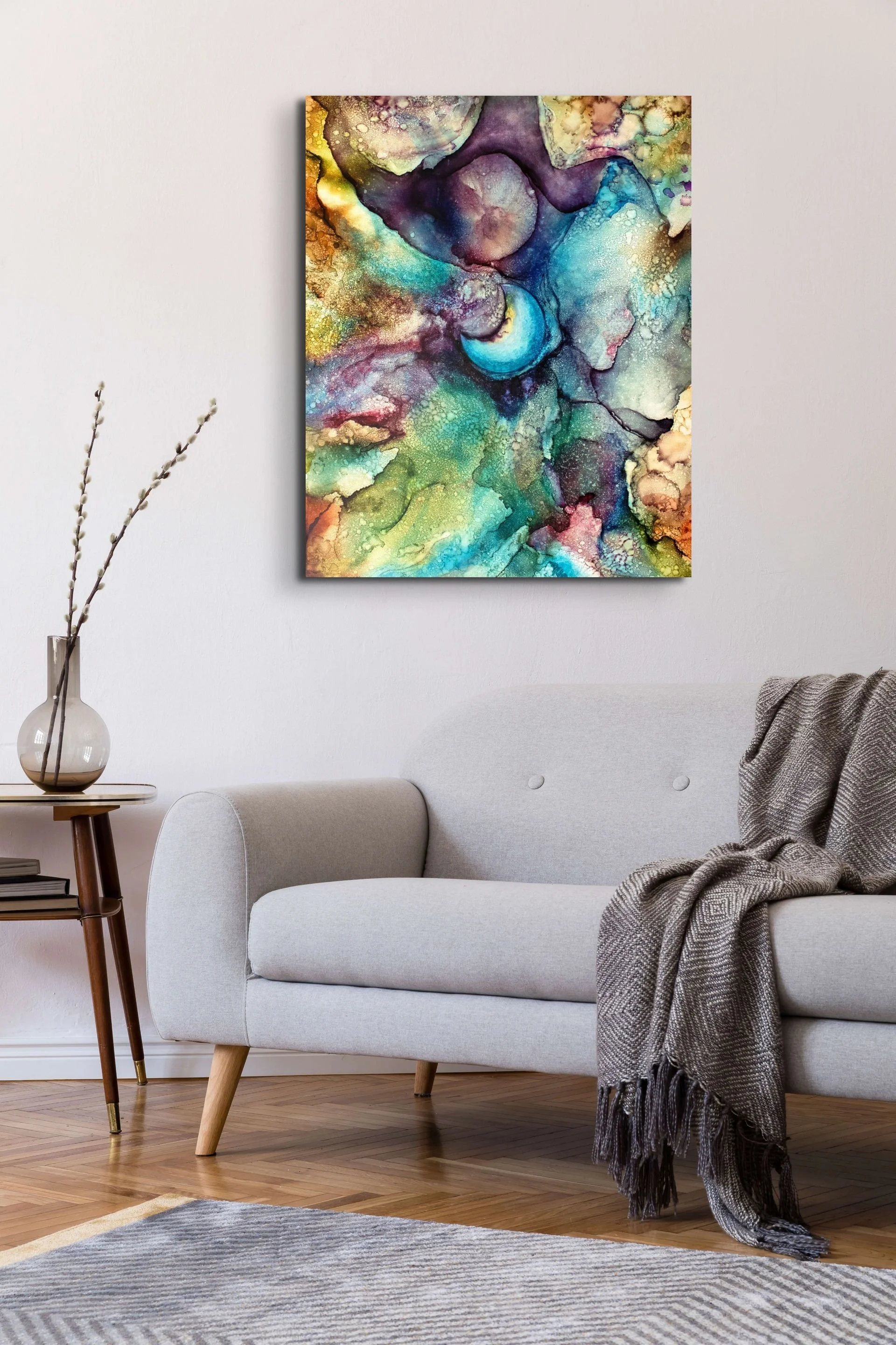 Colorful abstract alcohol ink wall art featuring ethereal teal, gold, purple, and turquoise nebula textures for modern home decor and contemporary interiors.