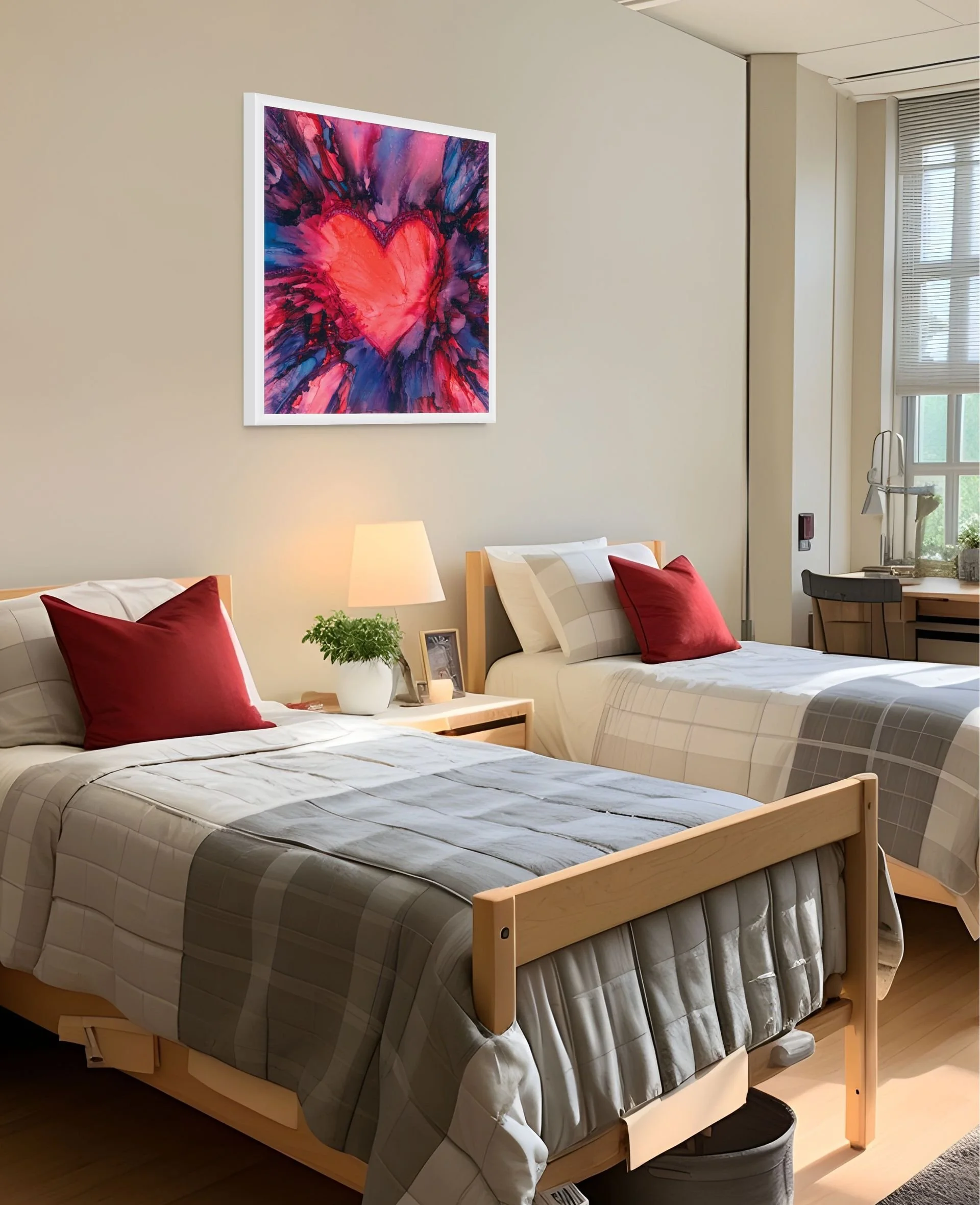 Pink and red abstract heart wall art hanging above a bed in a colorful modern bedroom with expressive contemporary styling.