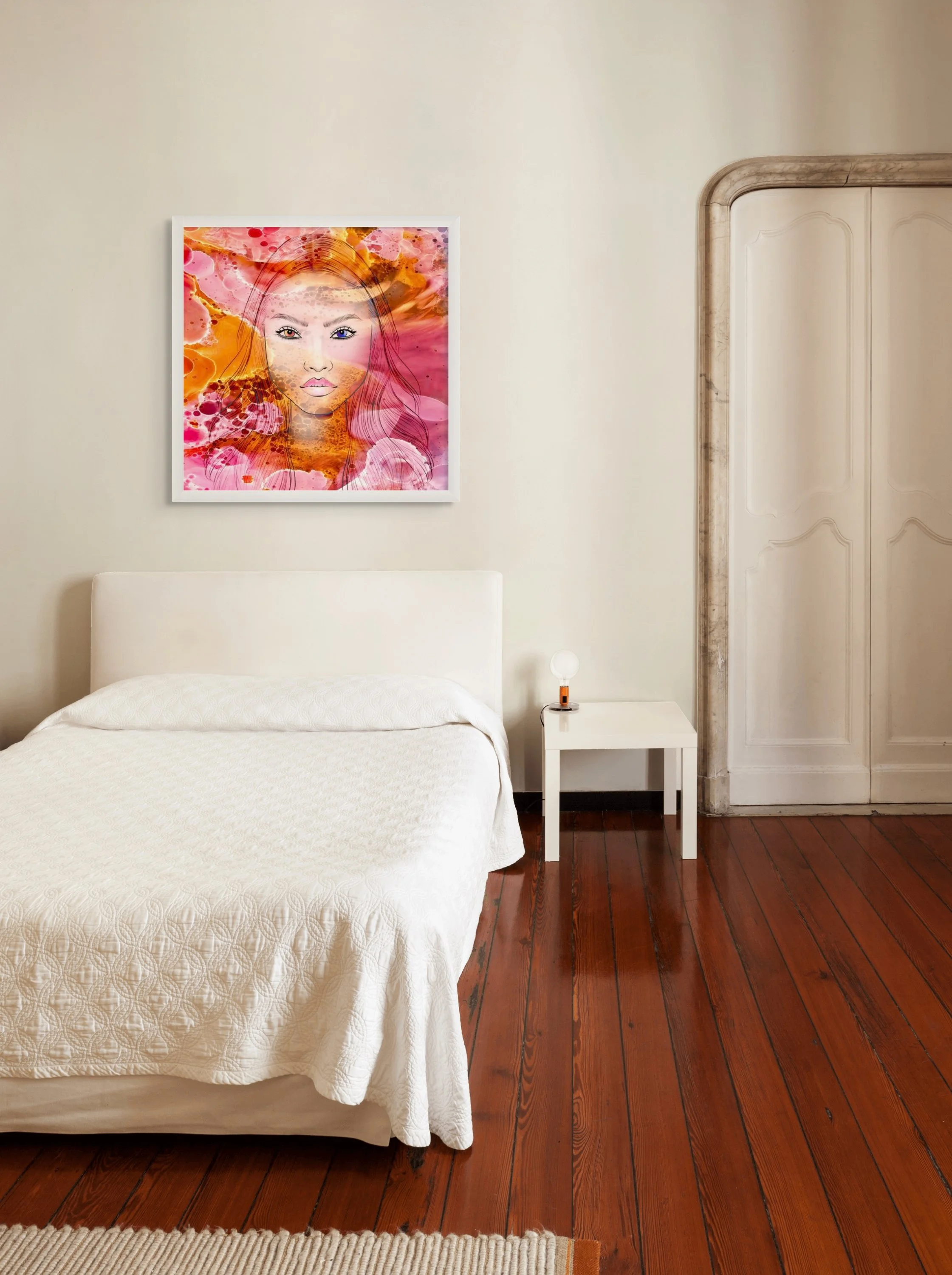 Warm pink and orange feminine portrait wall art hanging above a bed in a colorful modern bedroom with glowing abstract textures.