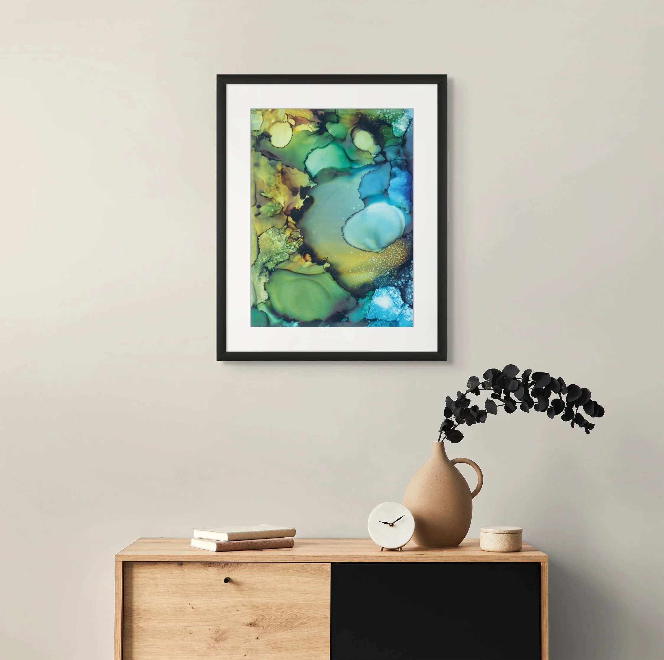 Green and blue coastal abstract wall art with flowing ocean-inspired textures displayed in a modern contemporary interior space.