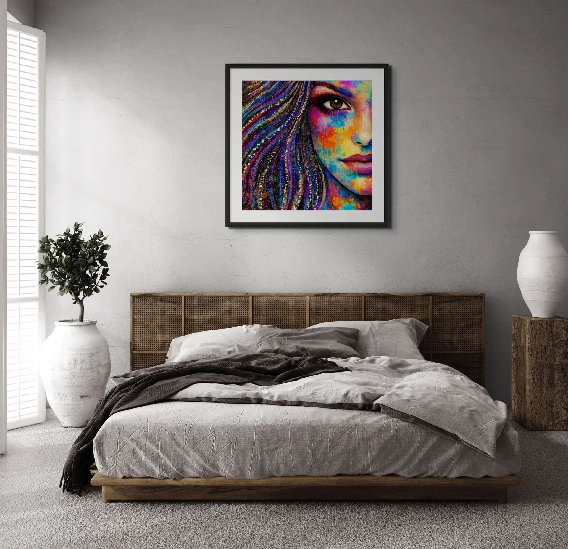 Colorful feminine portrait wall art hanging above a bed in a modern bedroom with expressive abstract textures and artistic decor.