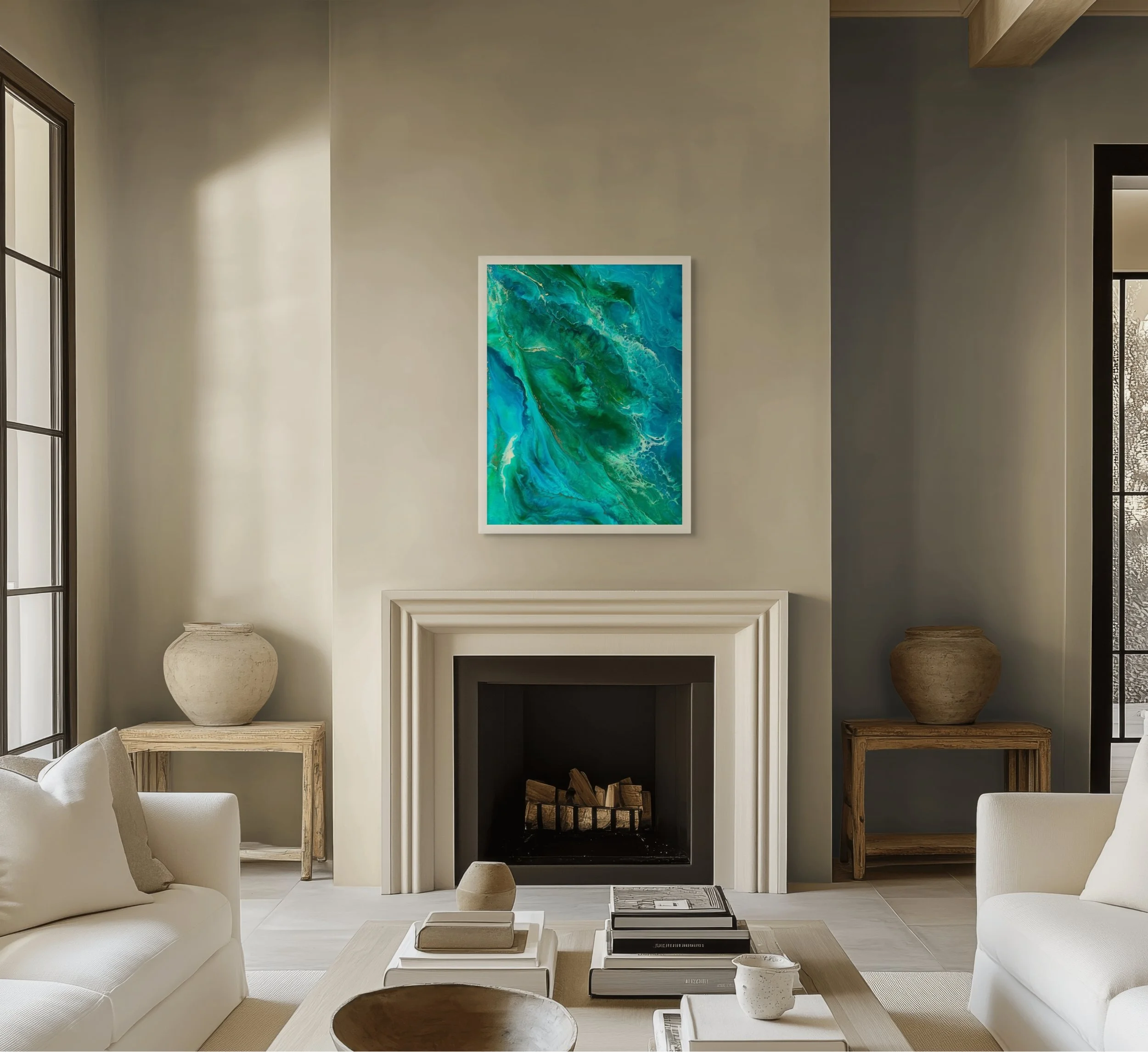 Blue and green coastal abstract wall art displayed in a modern living room with ocean-inspired textures and calming beach house decor styling.
