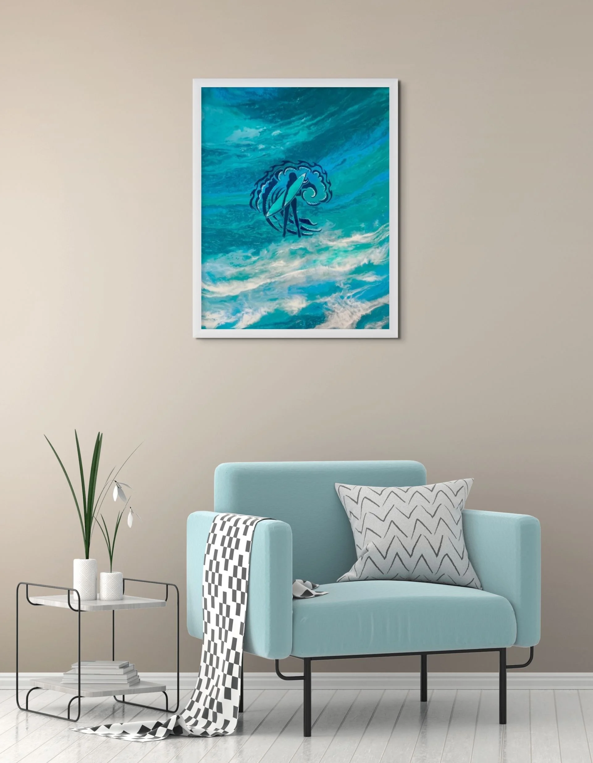 Coastal abstract wave wall art with turquoise ocean tones displayed in a modern home interior with calming beach house styling.