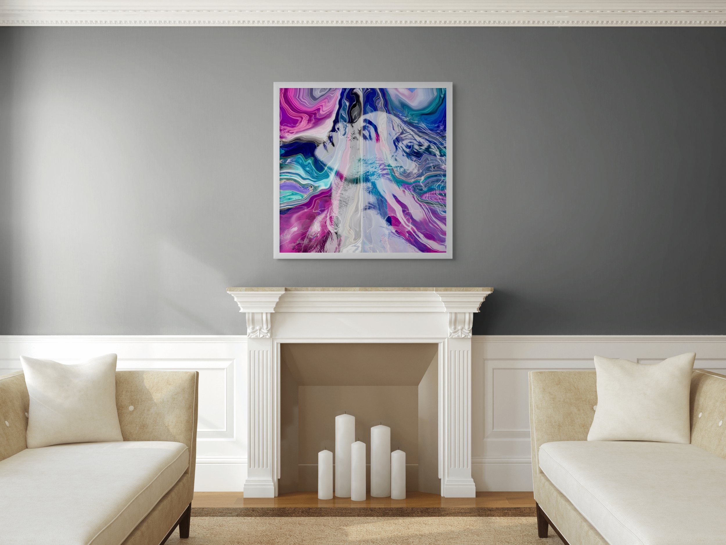 Spiritual abstract wall art with flowing pink and blue cosmic textures displayed in a modern interior space with colorful contemporary decor.