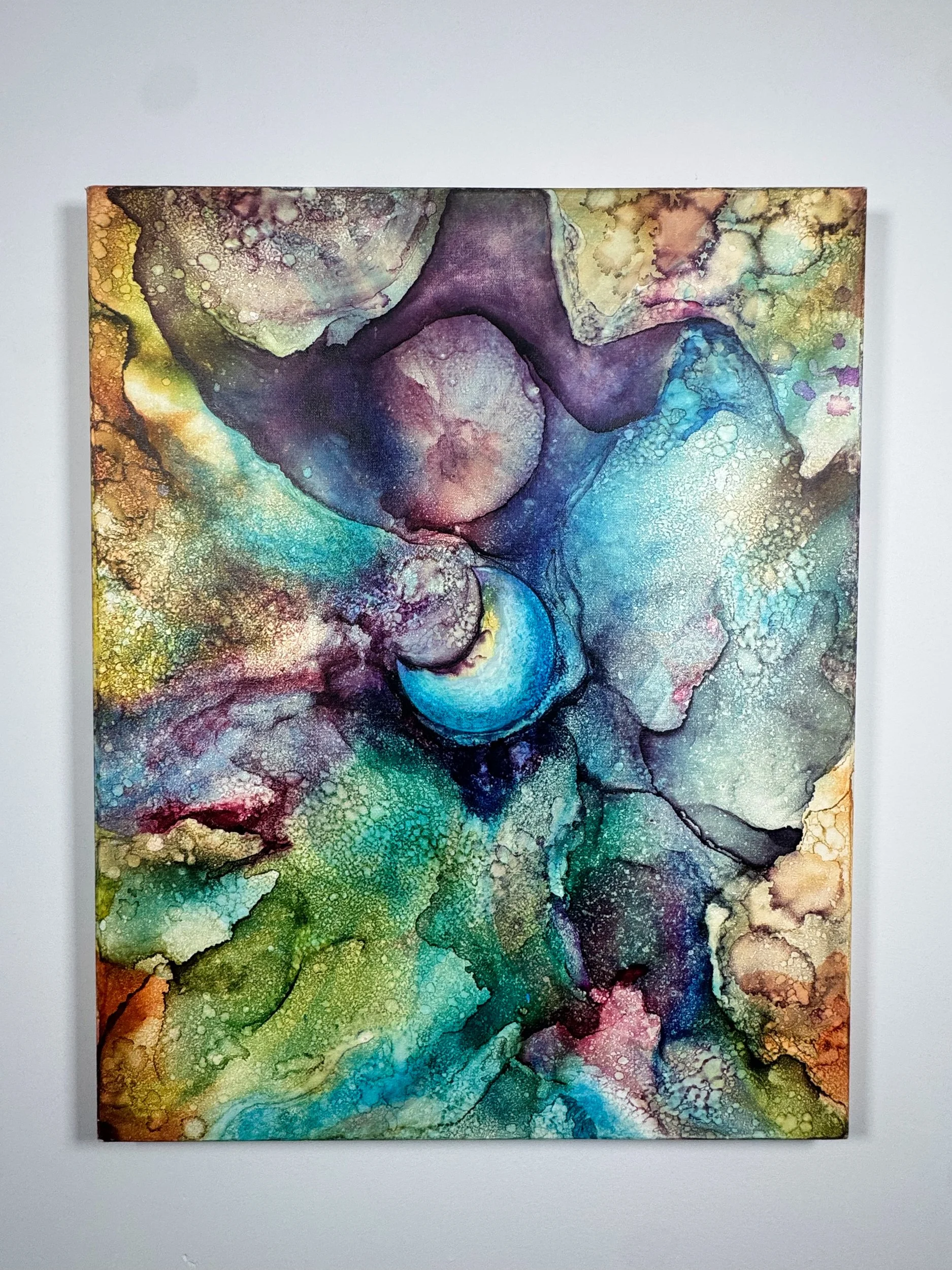 Large colorful abstract alcohol ink wall art with ethereal teal, turquoise, purple, and gold textures for modern contemporary home decor.