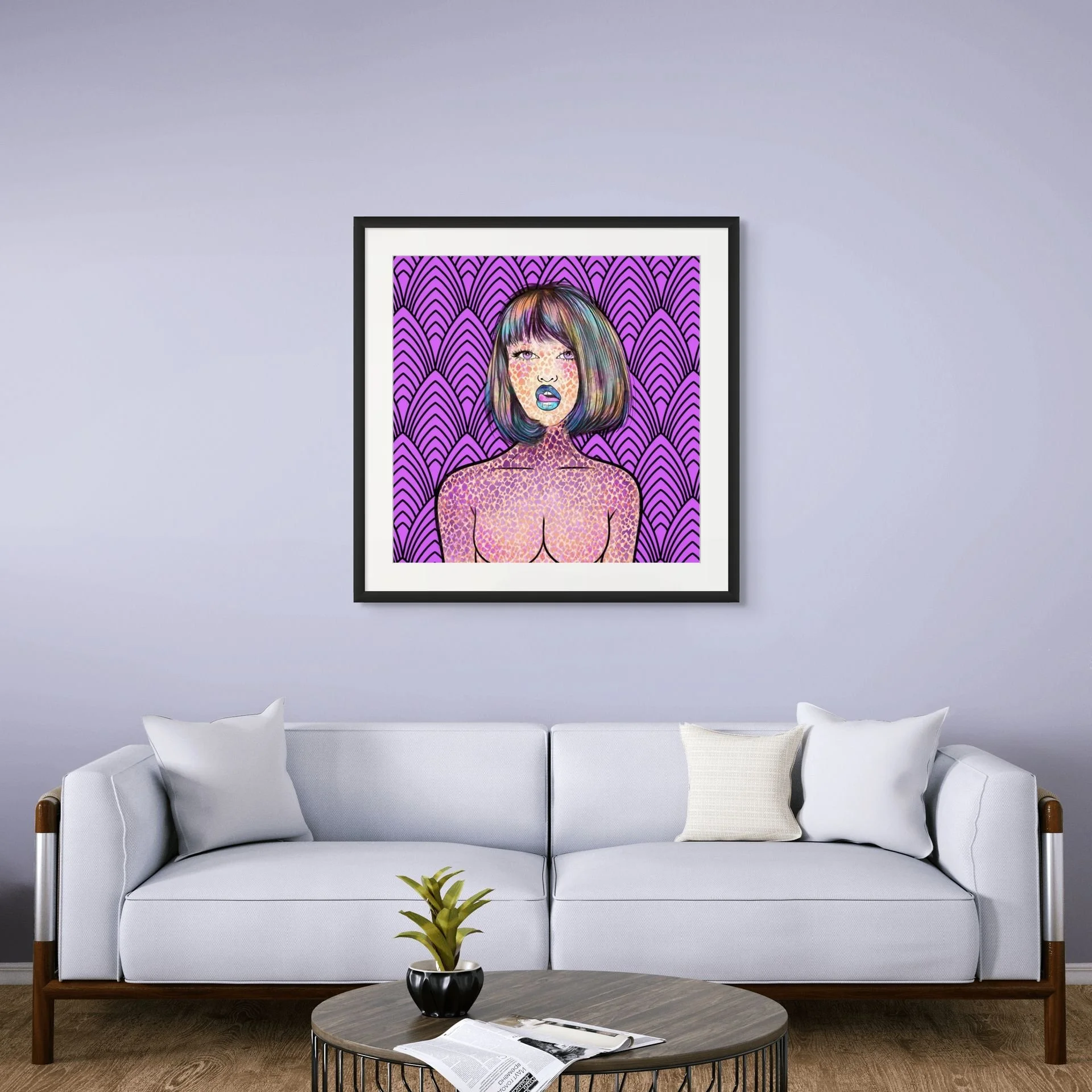 Purple pop art woman portrait wall art displayed in a modern living room with bold abstract textures and contemporary feminine decor.