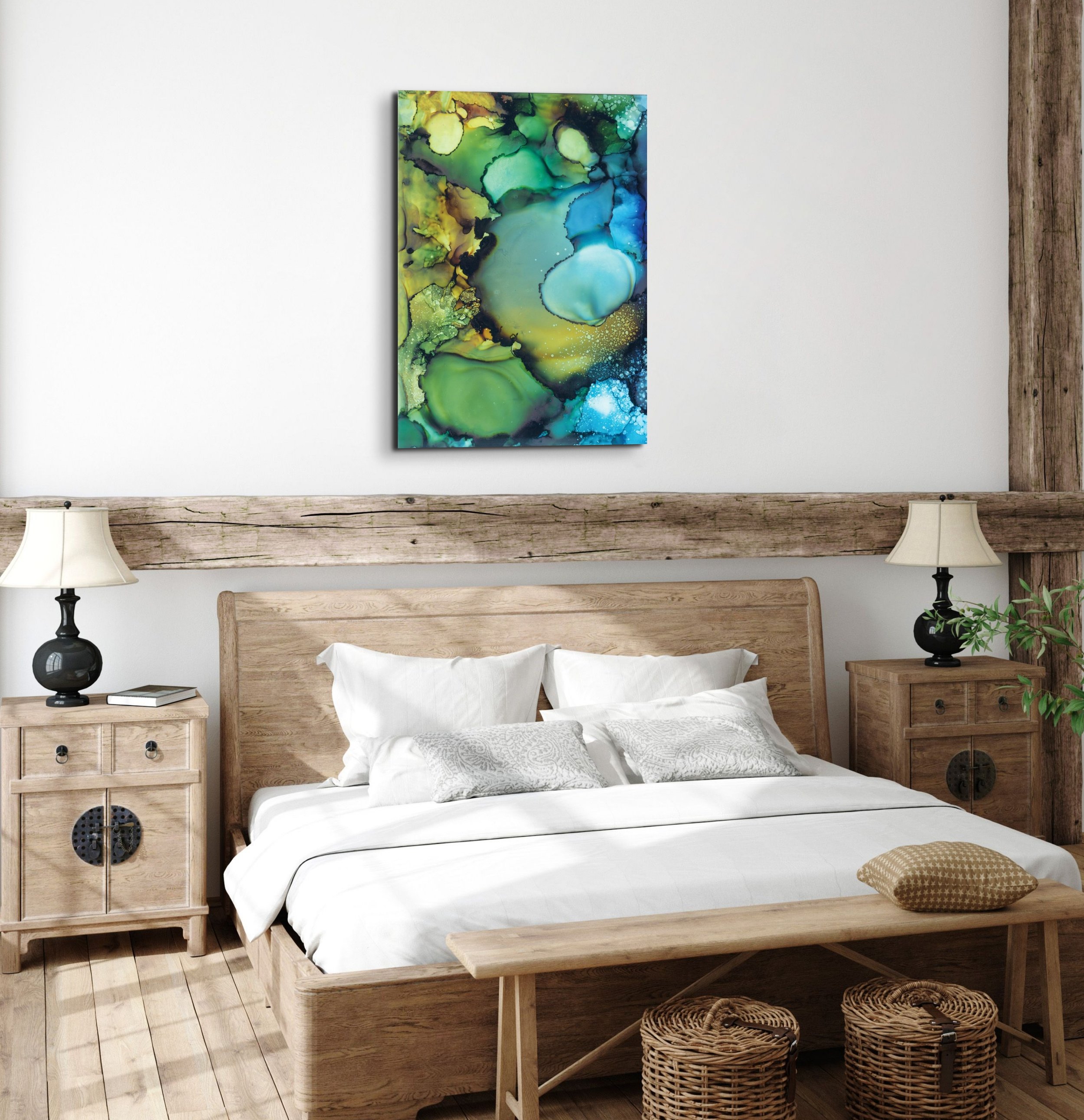 Turquoise and emerald coastal abstract wall art hanging above a bed in a calming modern bedroom with spa-inspired decor.