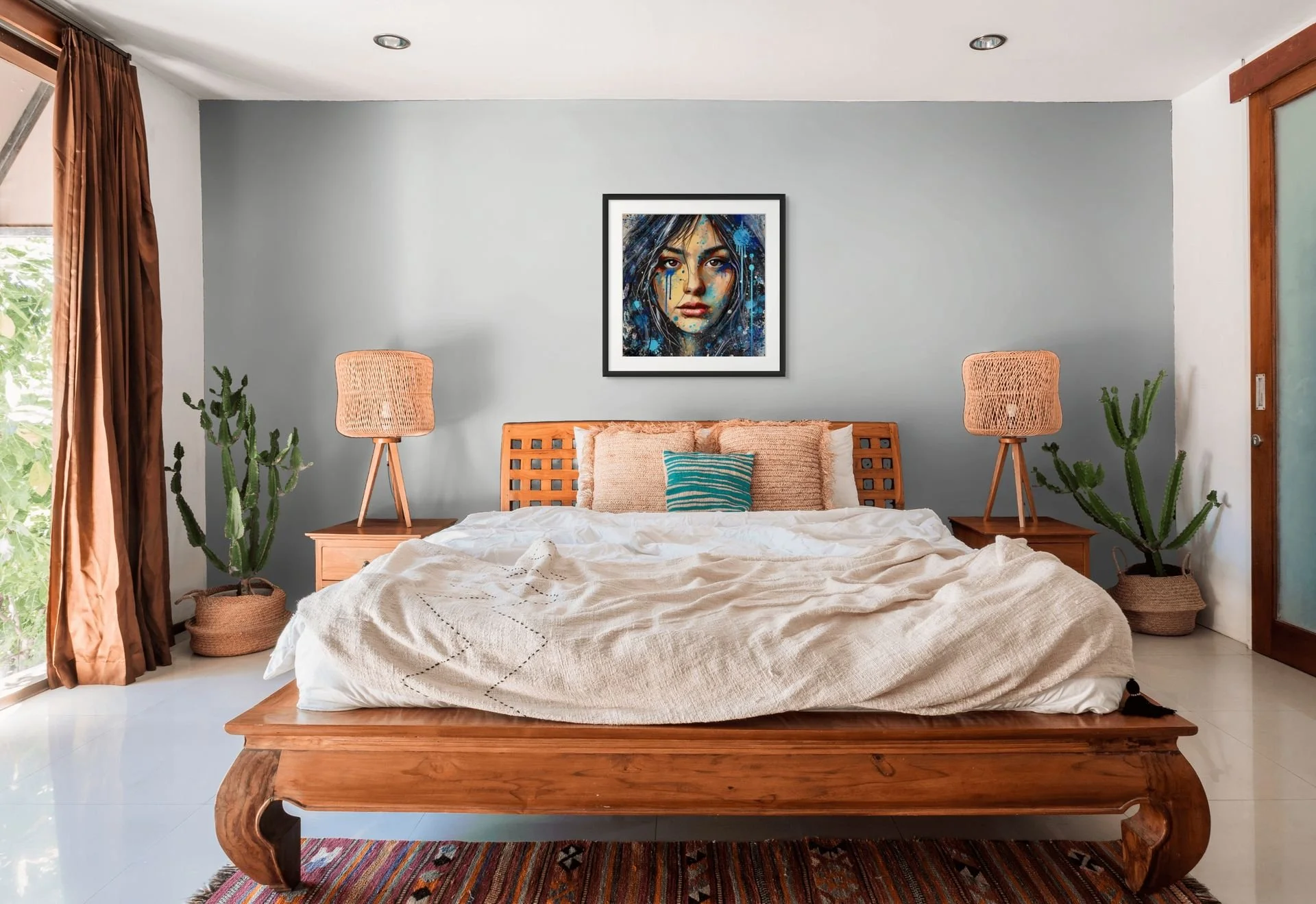 Expressive blue woman portrait wall art hanging above a sofa in a modern living room with bold artistic home decor styling.