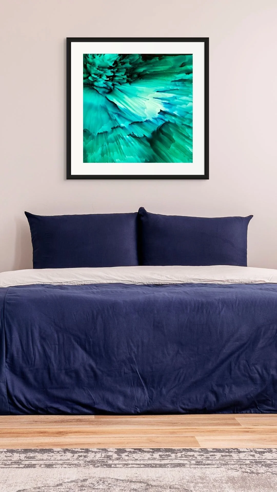 Teal and emerald coastal abstract wall art hanging above a bed in a calming modern bedroom with contemporary decor.