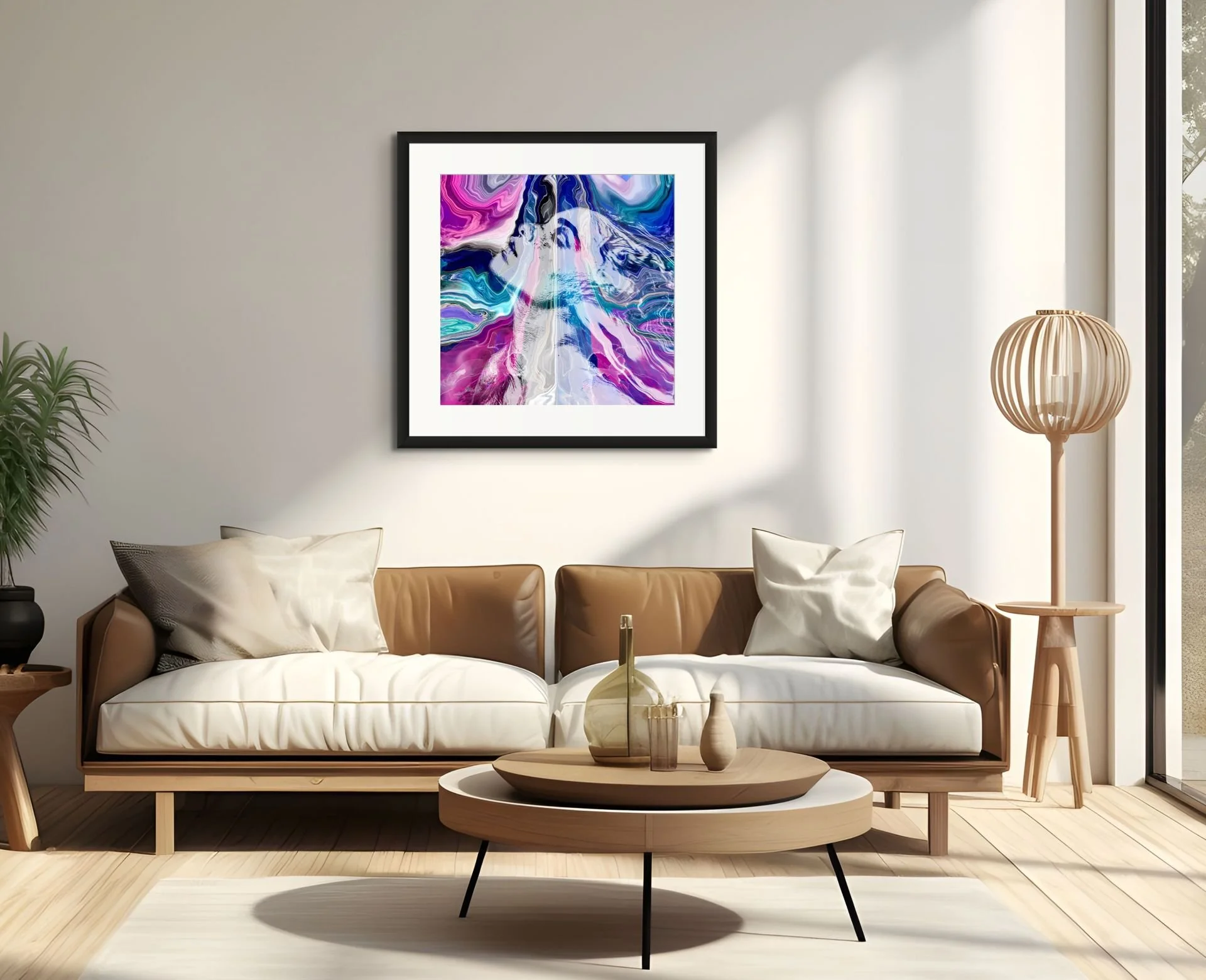 Pink and blue spiritual abstract wall art displayed in a modern living room with flowing cosmic textures and ethereal feminine energy