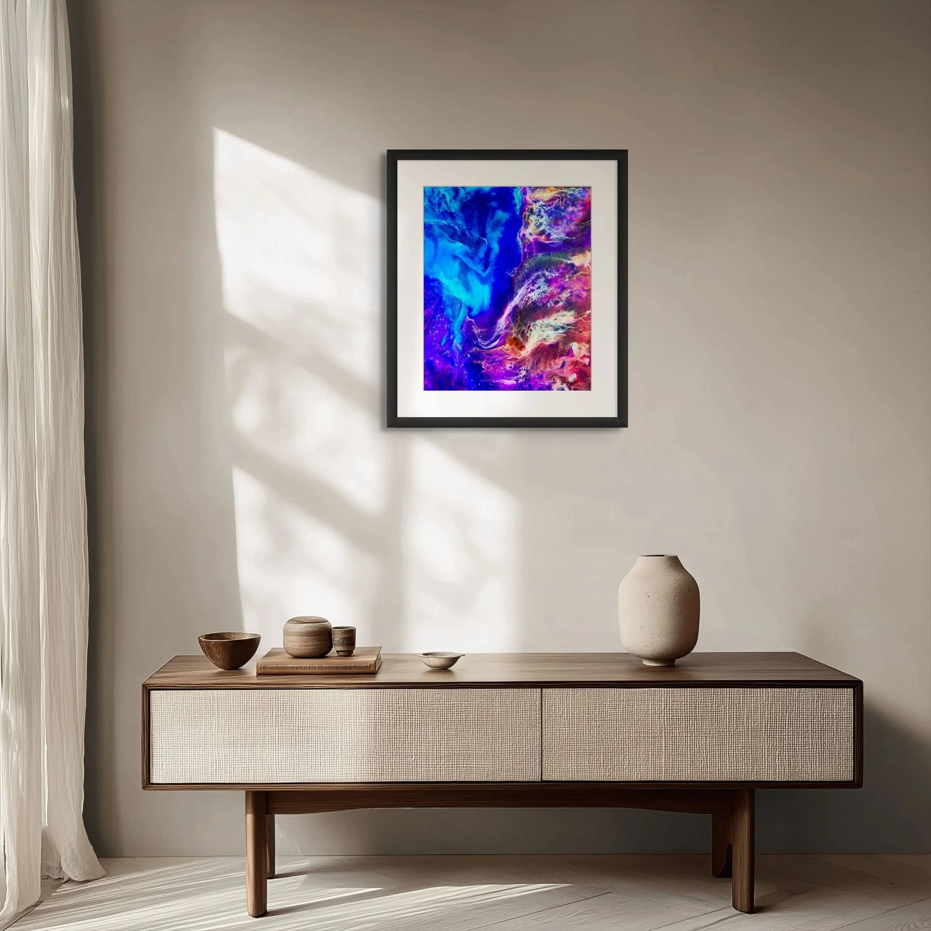 Vibrant abstract wall art with vibrant cosmic textures and flowing contemporary movement for modern home decor.