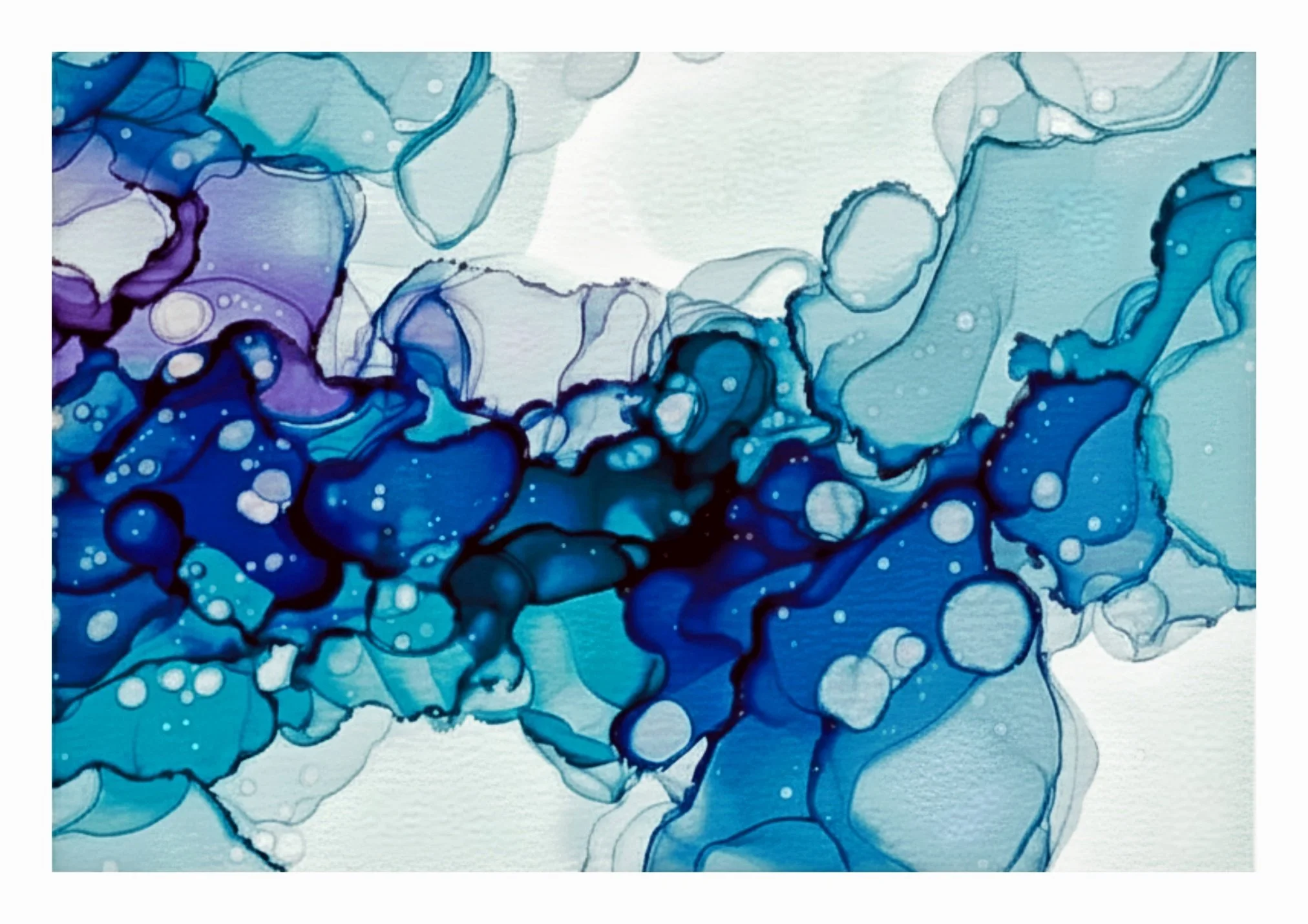 Abstract watercolor painting with shades of blue, purple, and teal, featuring organic flowing shapes and bubbles.