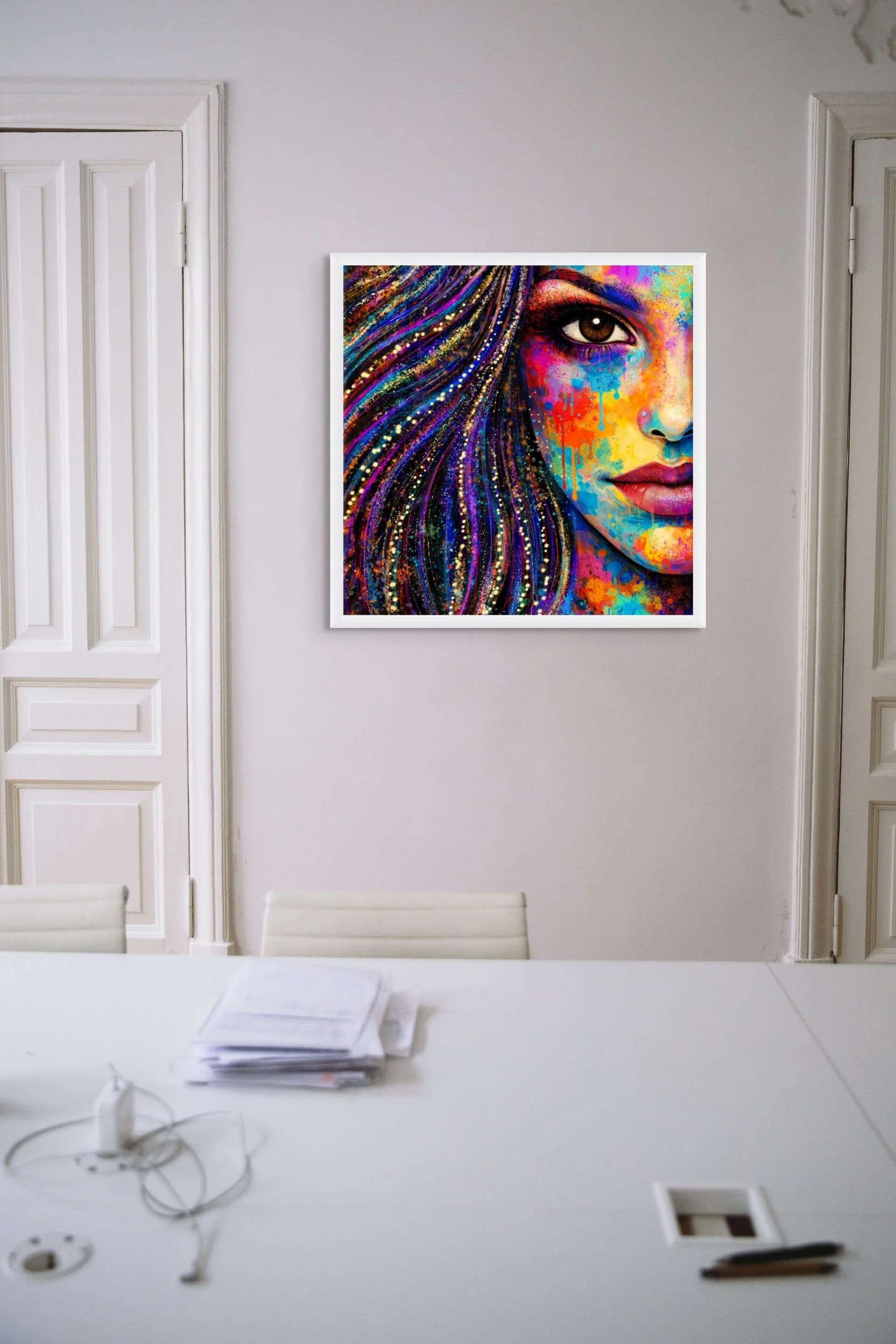 Bold contemporary woman portrait wall art with vibrant rainbow colors displayed in a modern interior space with eclectic home decor.