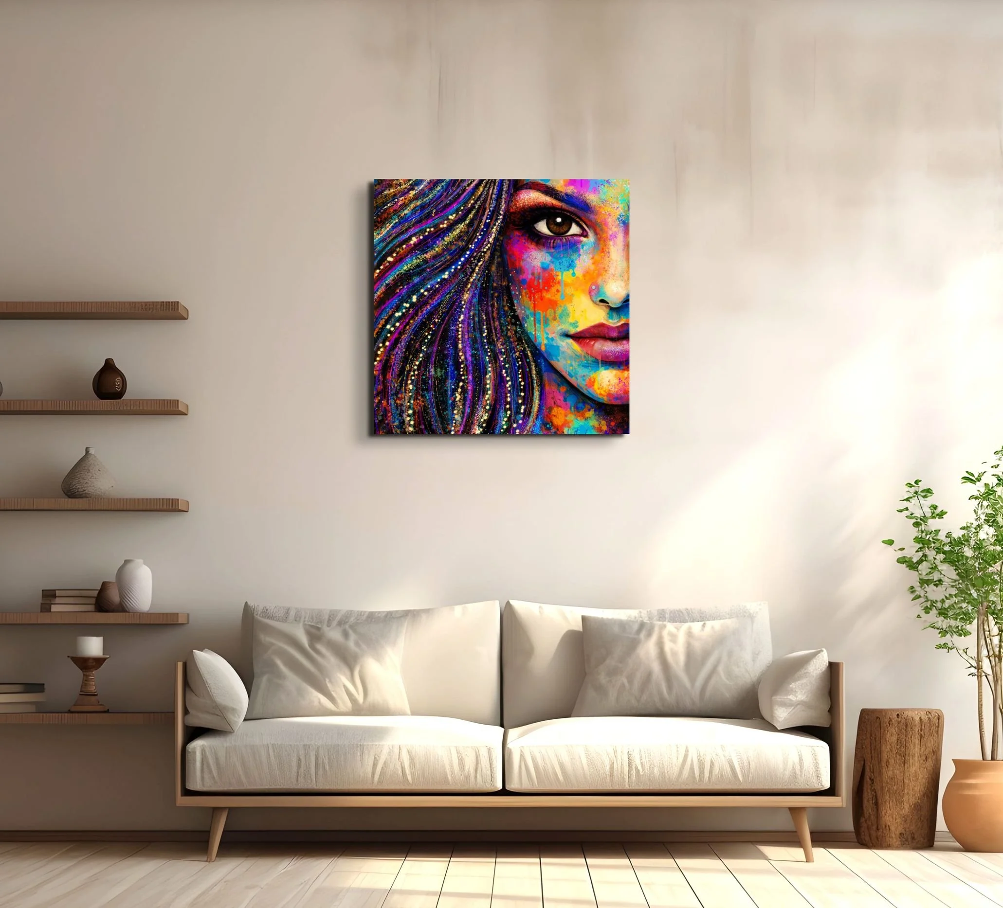 Vibrant rainbow woman portrait wall art displayed above a sofa in a modern living room with colorful contemporary home decor styling.