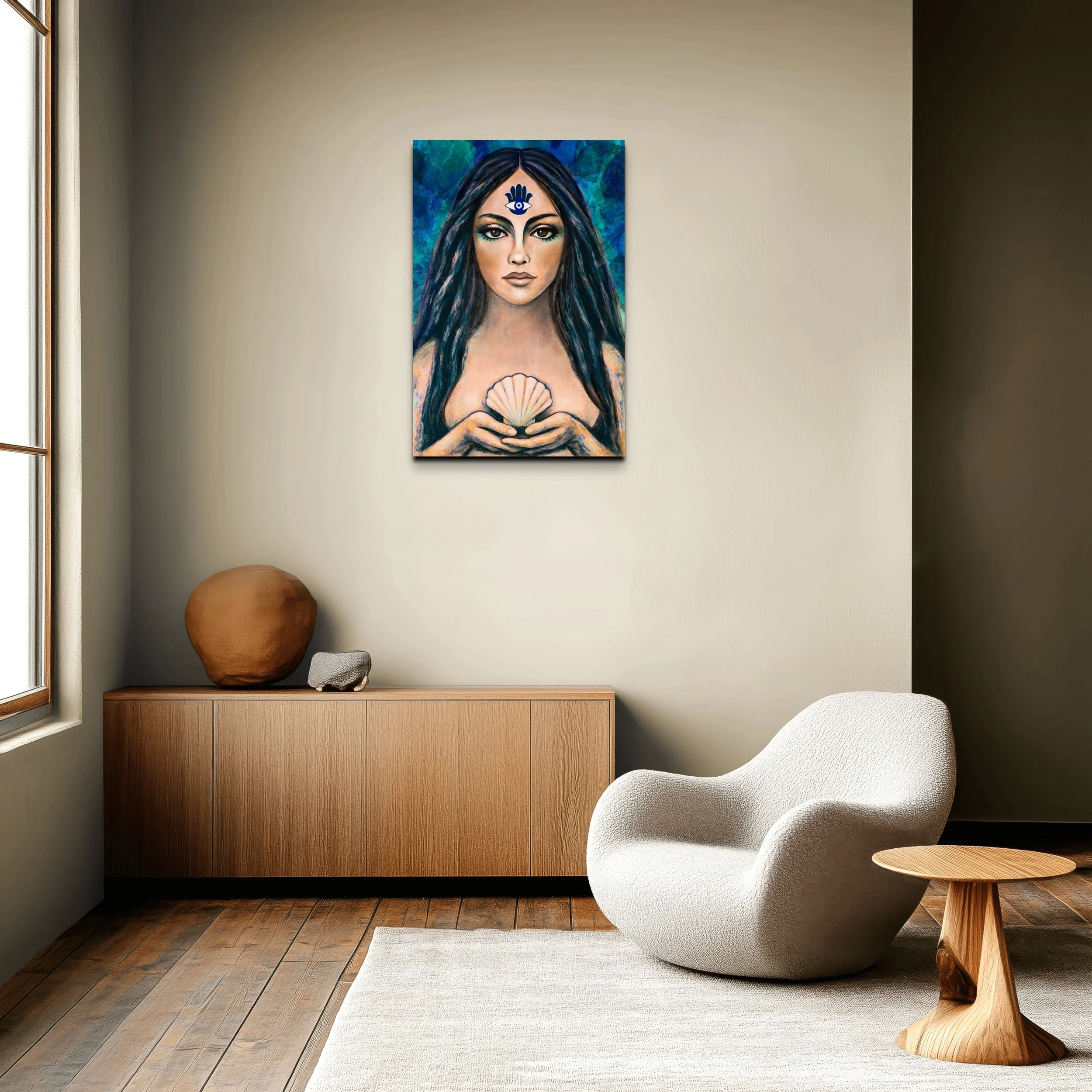 Blue goddess Aphrodite portrait wall art displayed above a sofa in a modern coastal living room with spiritual feminine energy and ocean-inspired tones.