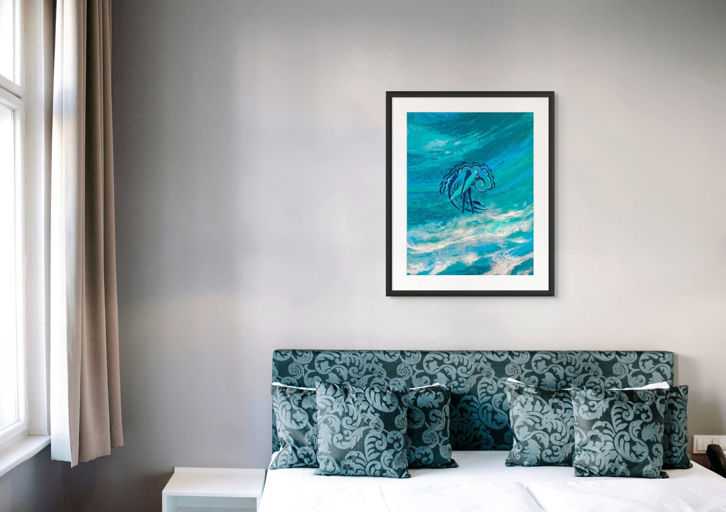 Turquoise ocean wave abstract wall art framed above a bed in a serene coastal bedroom with modern blue decor.