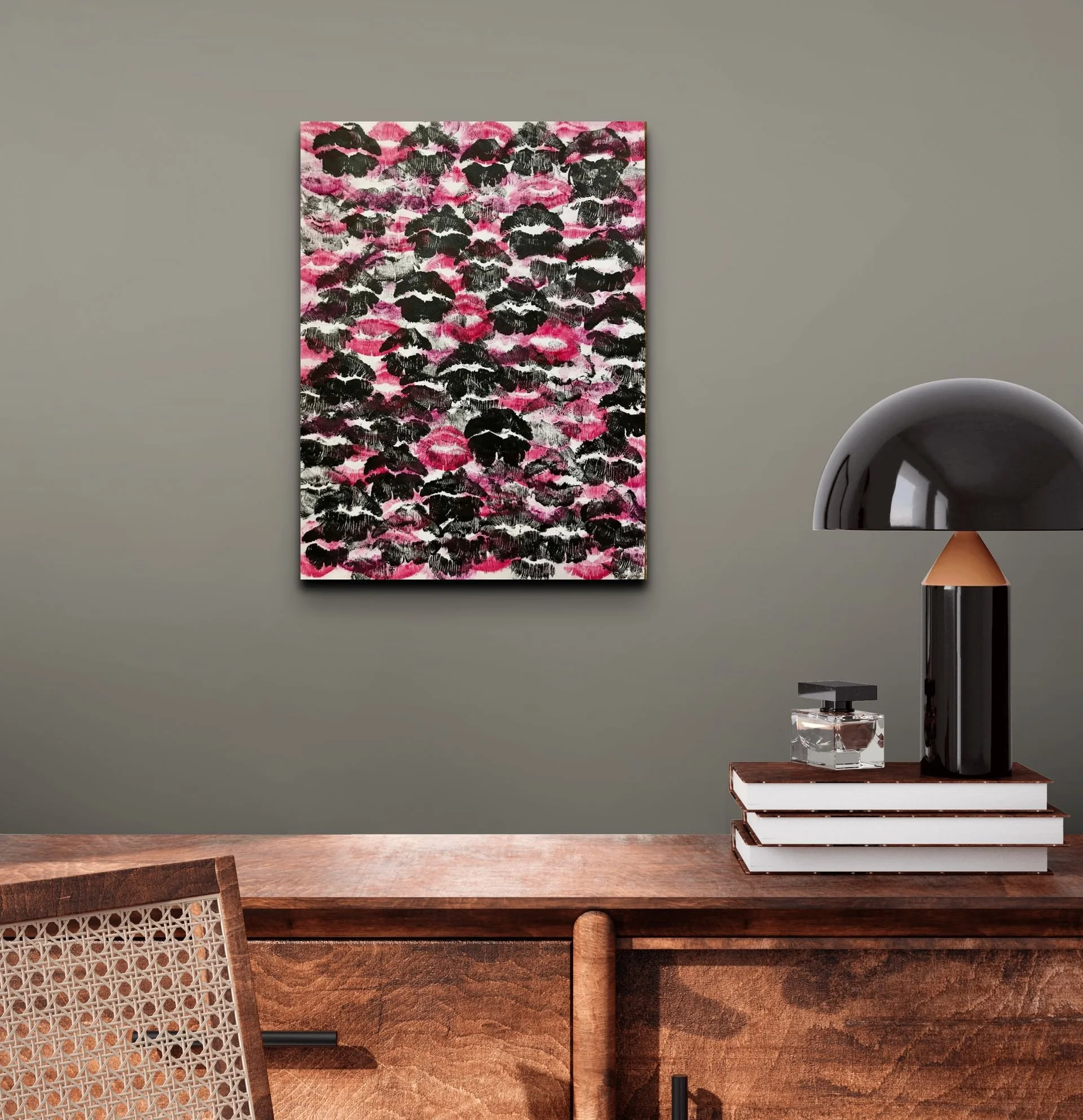 Contemporary red and black lips wall art with bold abstract textures displayed in a modern home interior.