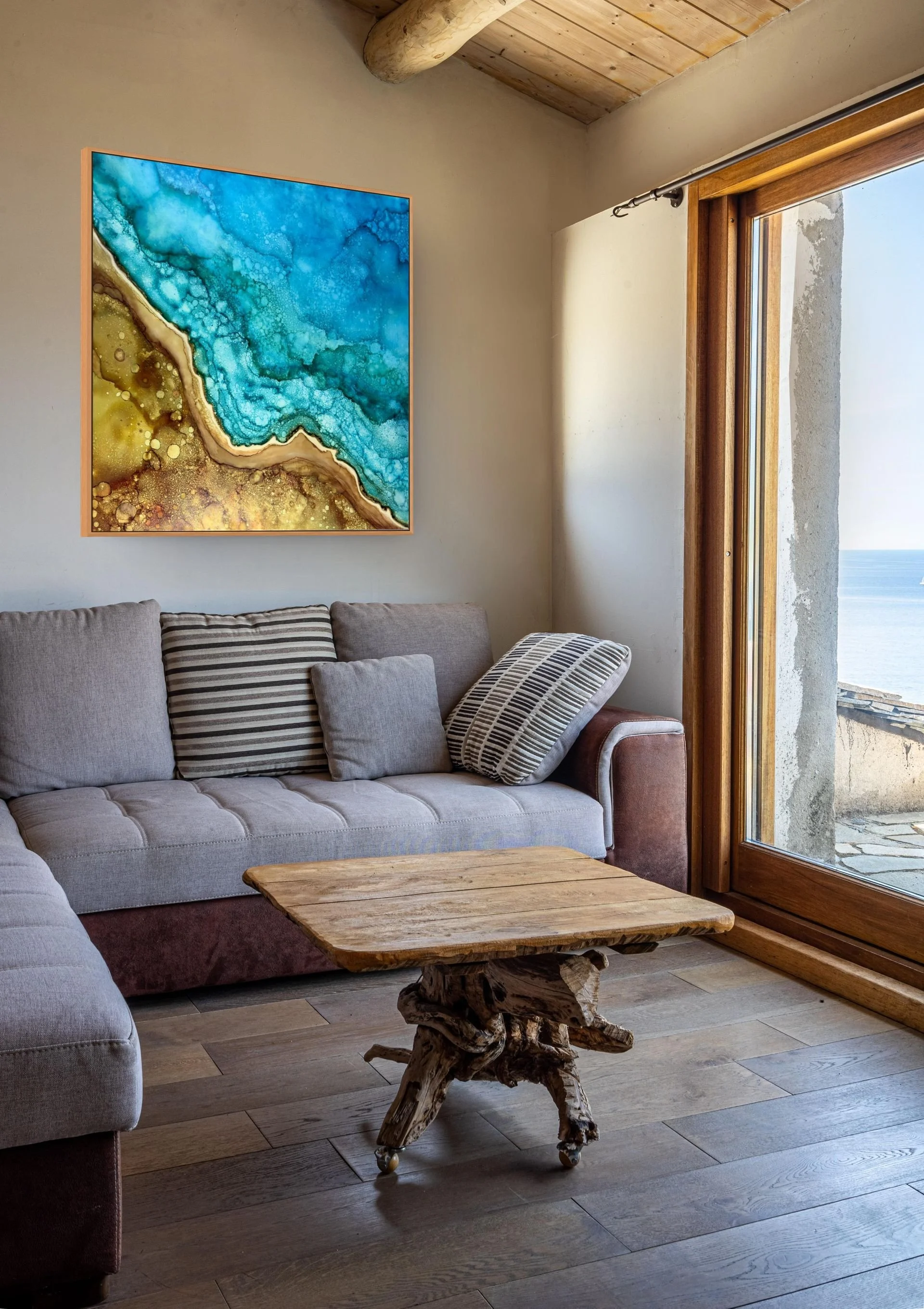 Salty Dream large original coastal abstract painting displayed above bed in contemporary bedroom