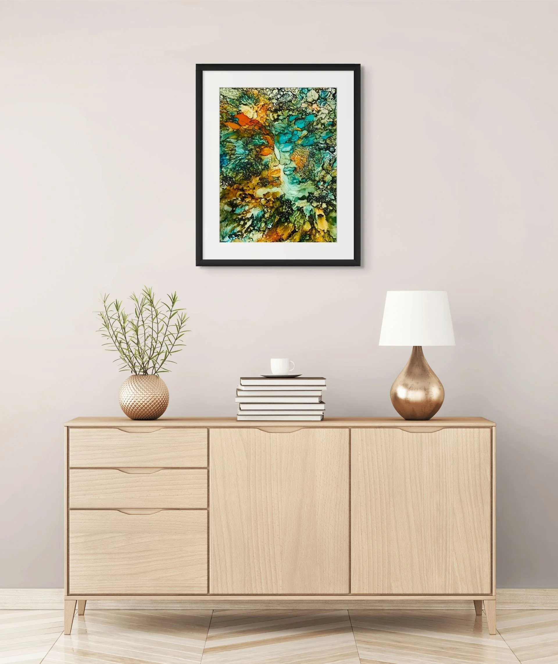 Green, teal, and gold abstract wall art hanging above a bed in a modern bedroom with earthy luxury decor inspiration.