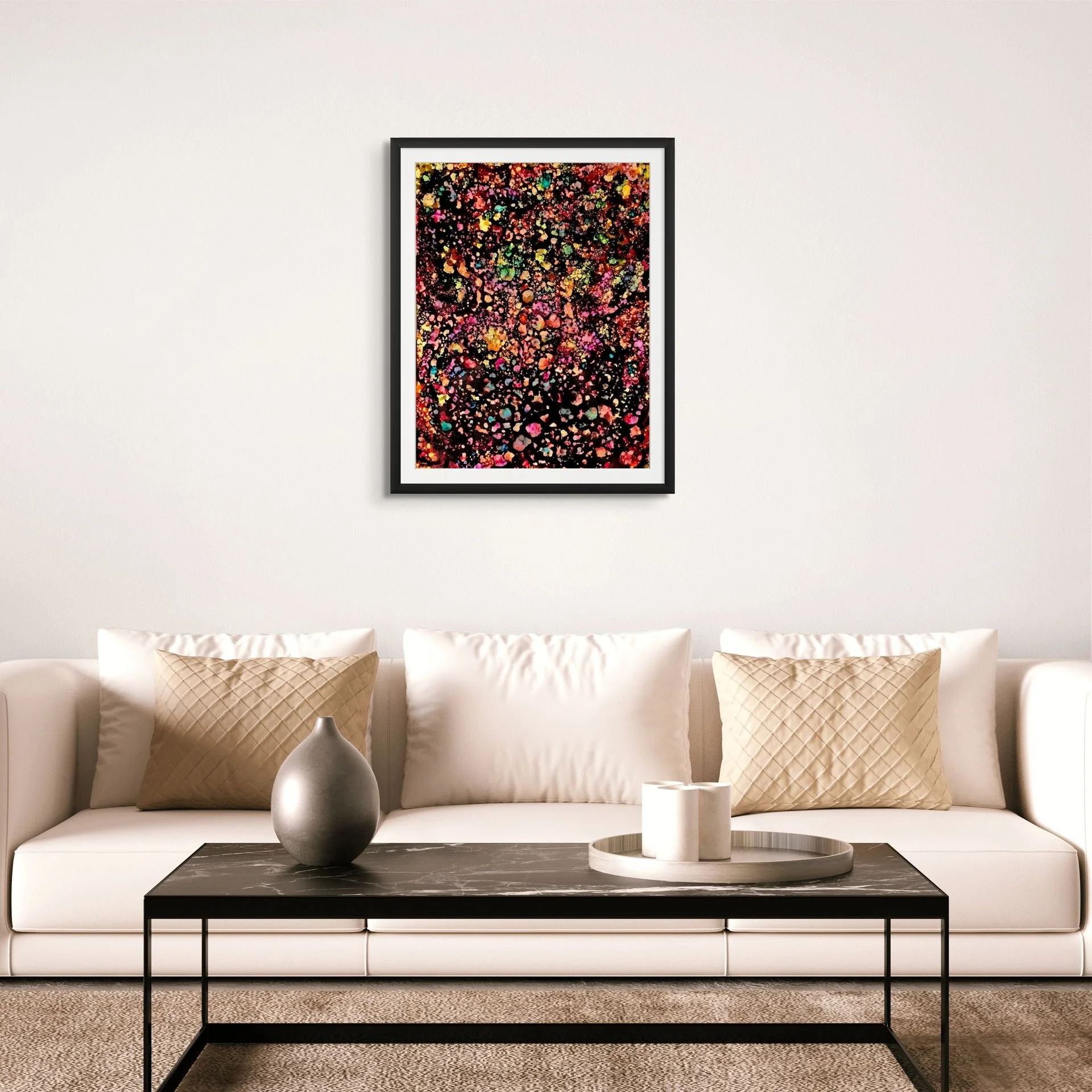 Large-scale abstract painting canvas mockup styled above a modern sofa in a contemporary living room interior.