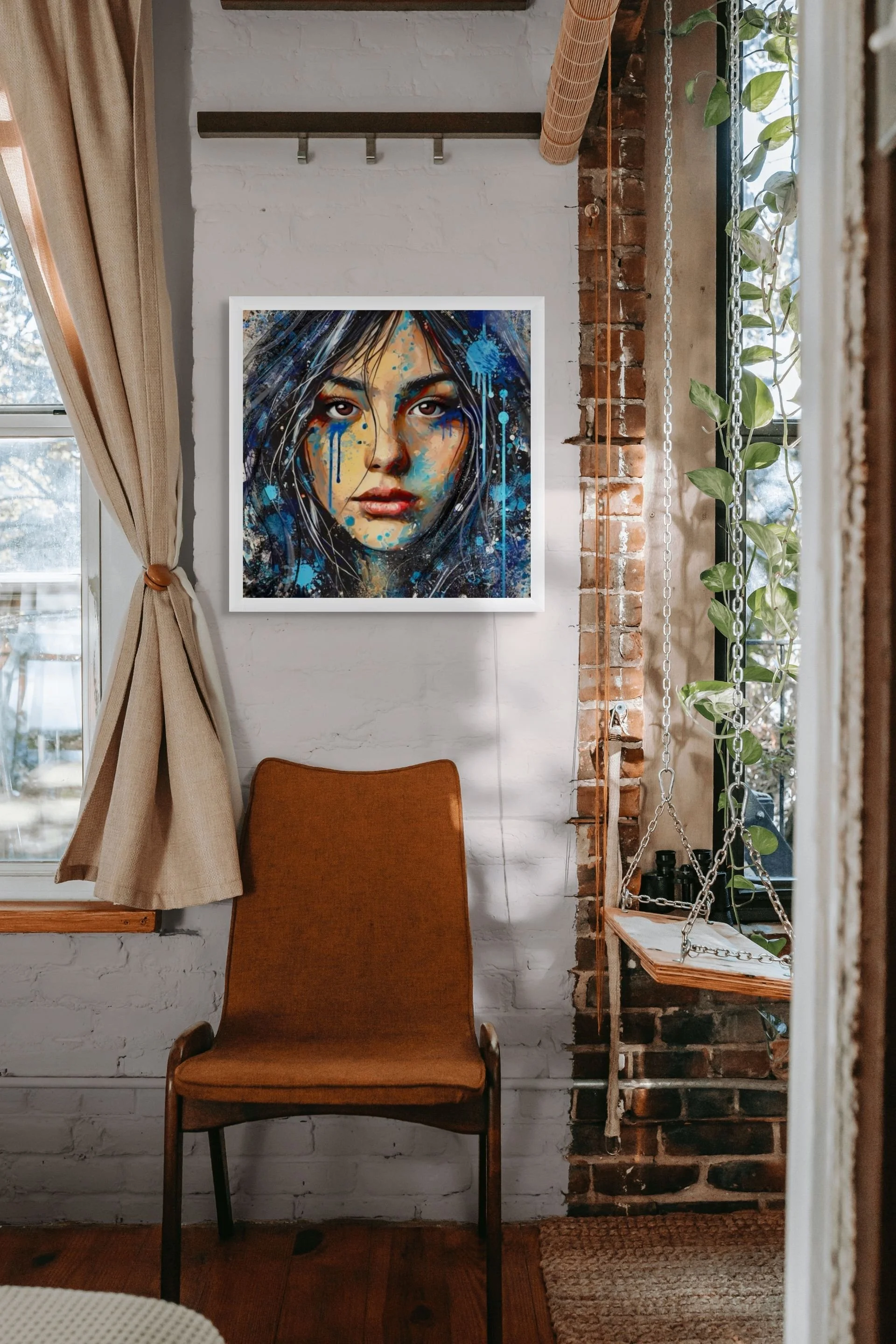 Contemporary blue portrait wall art featuring emotional abstract textures displayed in a modern interior space with creative home decor.