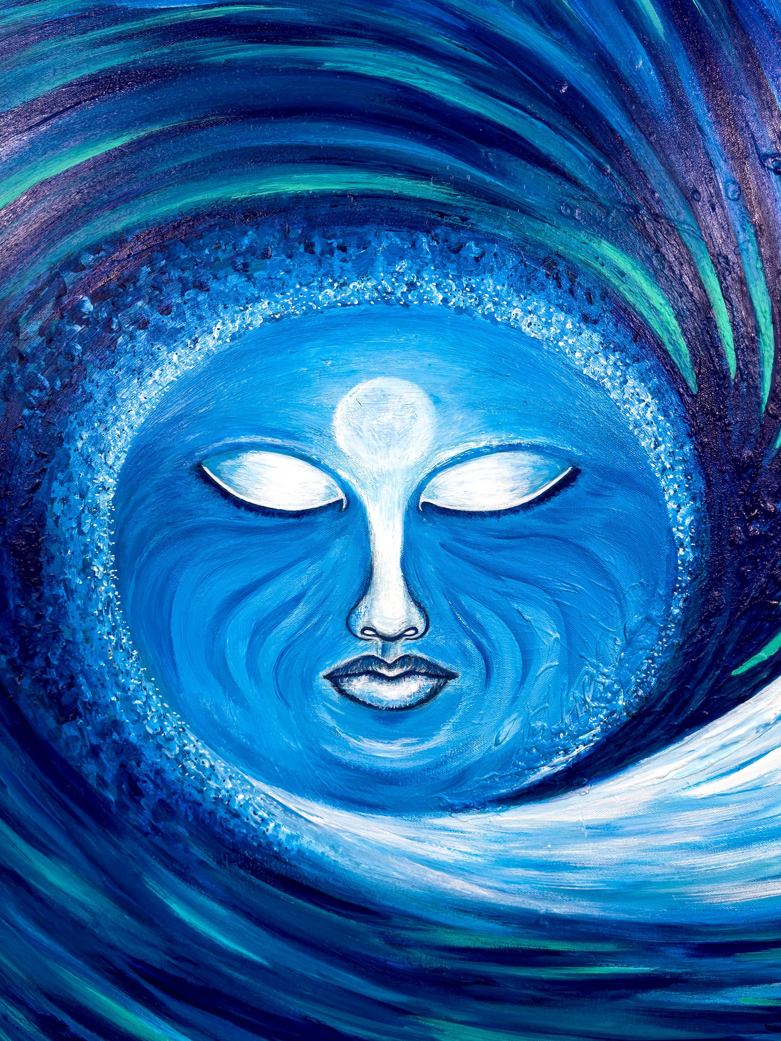 Close-up detail of blue abstract wave wall art with textured coastal water movement and glowing moon face artwork for modern home decor.