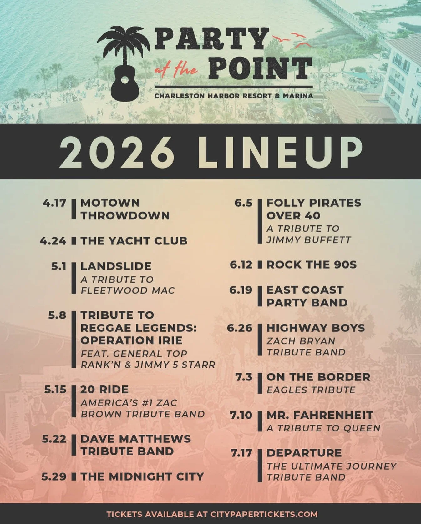 Just Announced! 🌴 Party at the Point is back April 17th with Charleston&rsquo;s premier happy hour concert series in the sand. 

Our family-friendly event takes place Fridays through July 17th on the beachfront of Charleston Harbor Resort and Marina