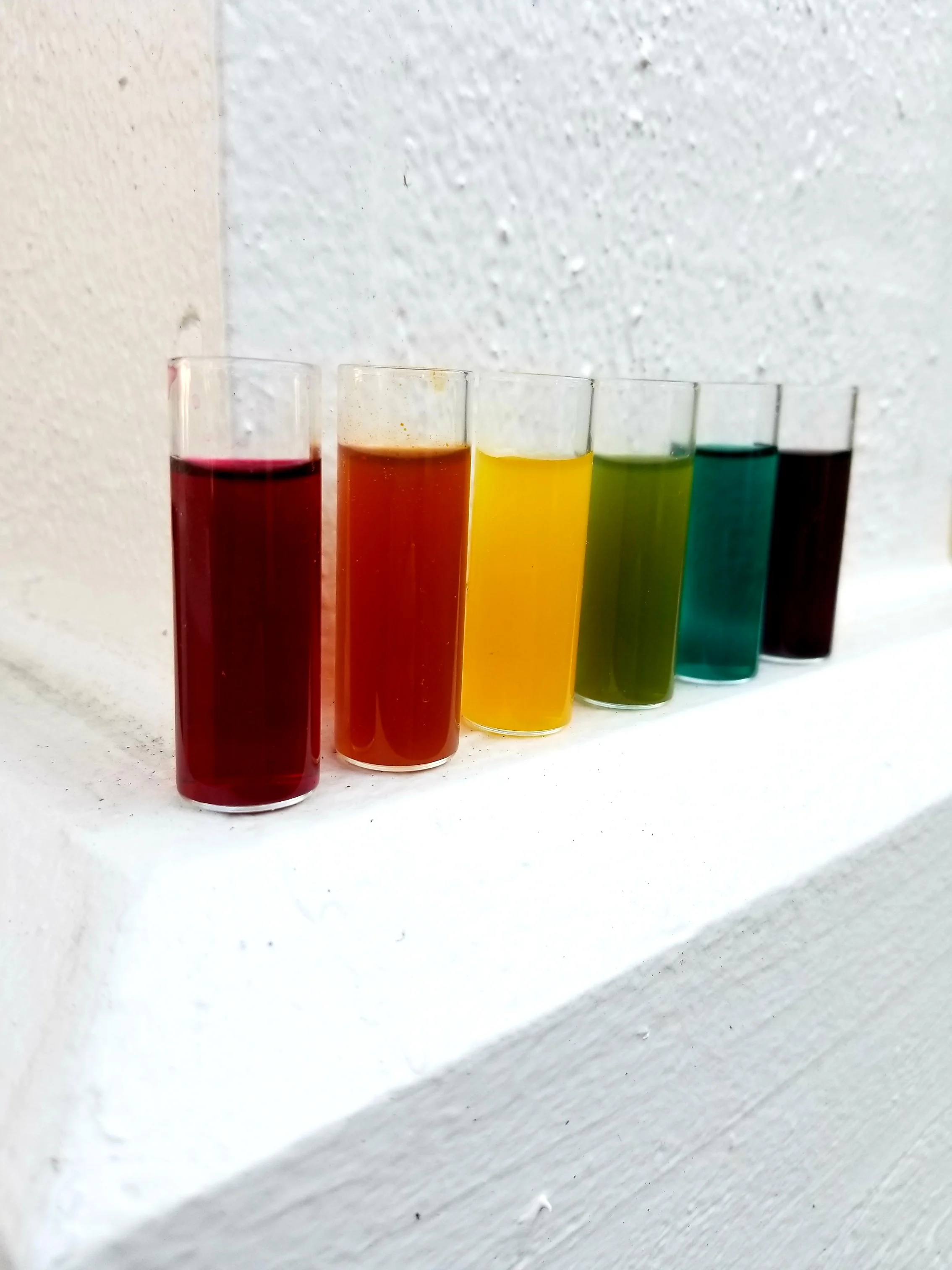 Homemade organic dye cooked up from hibiscus, paprika, turmeric, parsley, blue pea and red cabbage.
